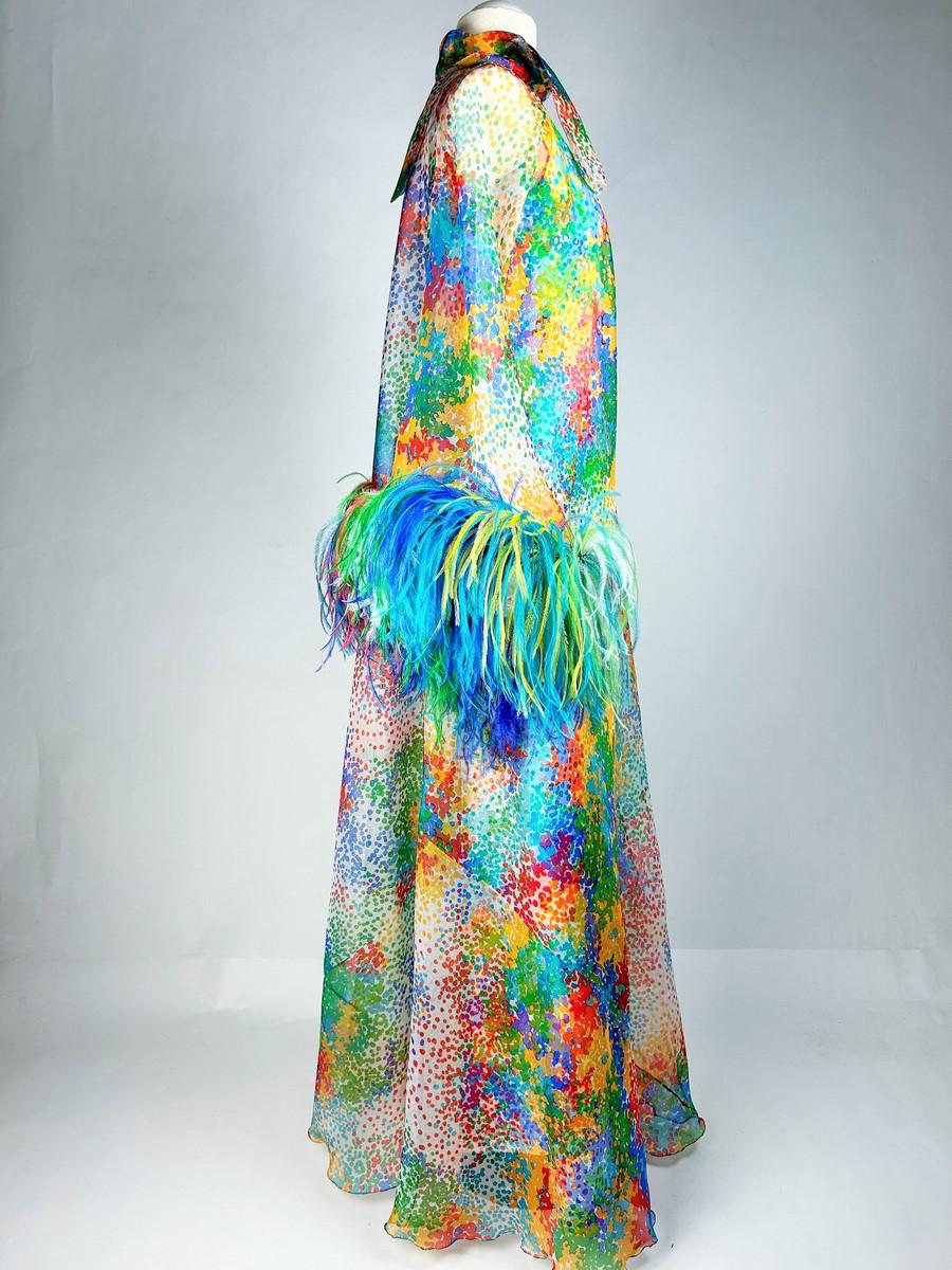 Printed silk and ostrich feather dress and coat - France Circa 1975-1980 For Sale 3