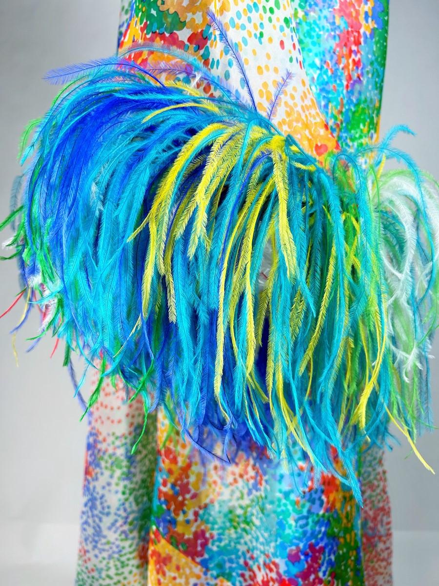 Printed silk and ostrich feather dress and coat - France Circa 1975-1980 For Sale 4