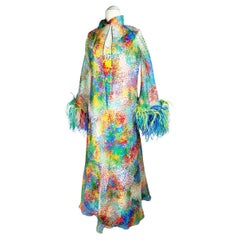 Printed silk and ostrich feather dress and coat - France Circa 1975-1980