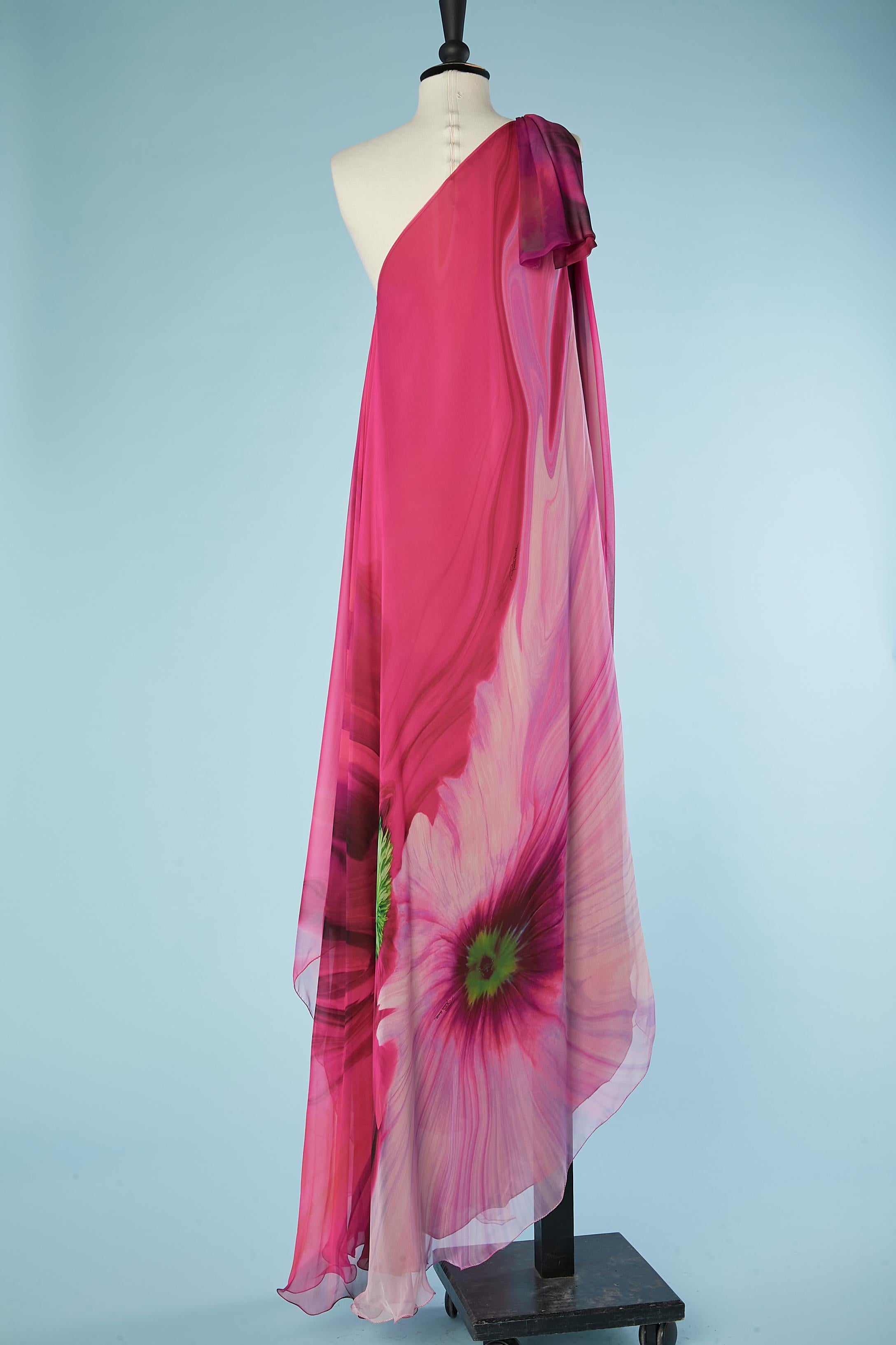 Printed silk chiffon asymmetrical evening dress Roberto Cavalli  For Sale 1