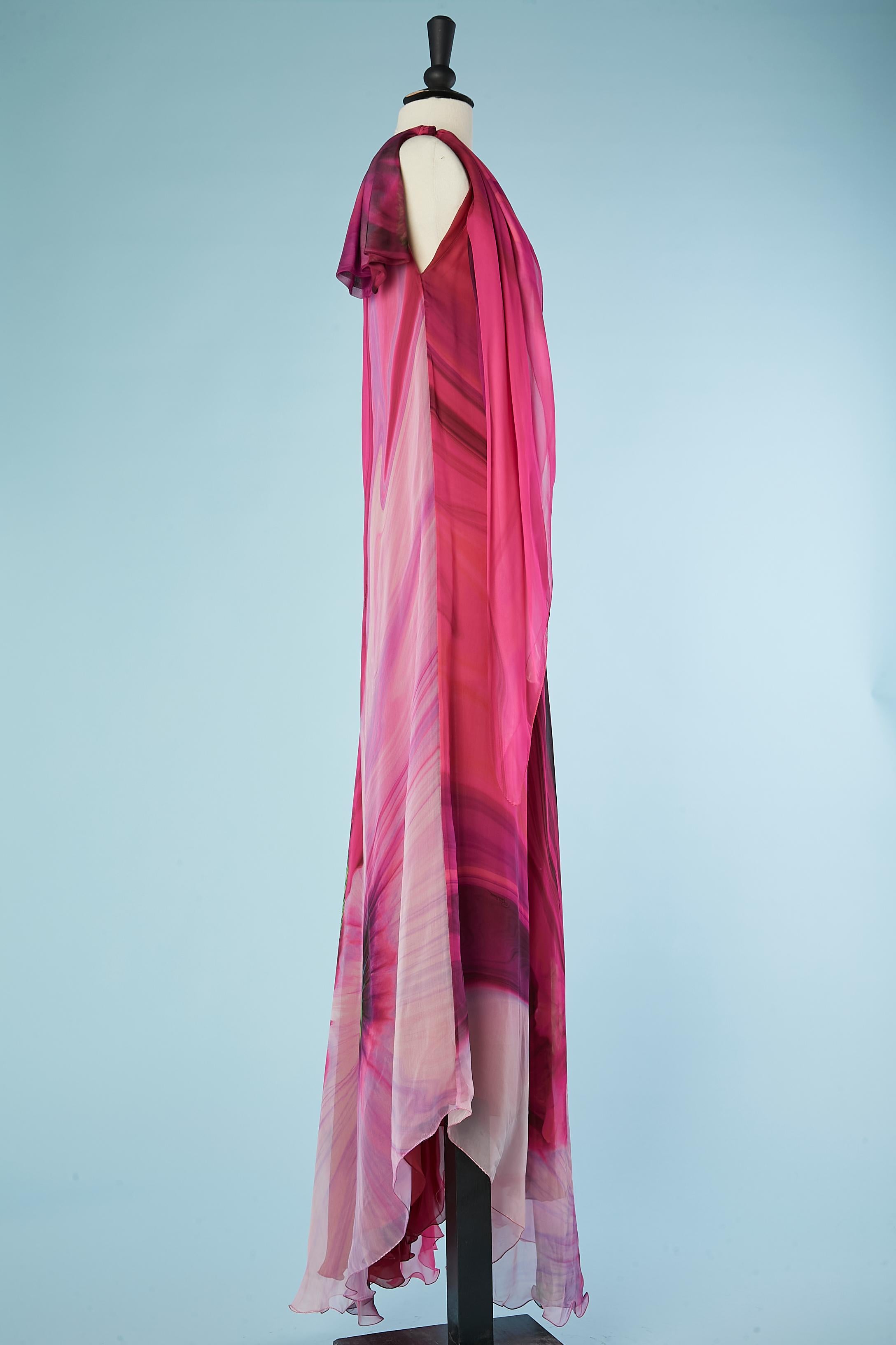Printed silk chiffon asymmetrical evening dress Roberto Cavalli  For Sale 2