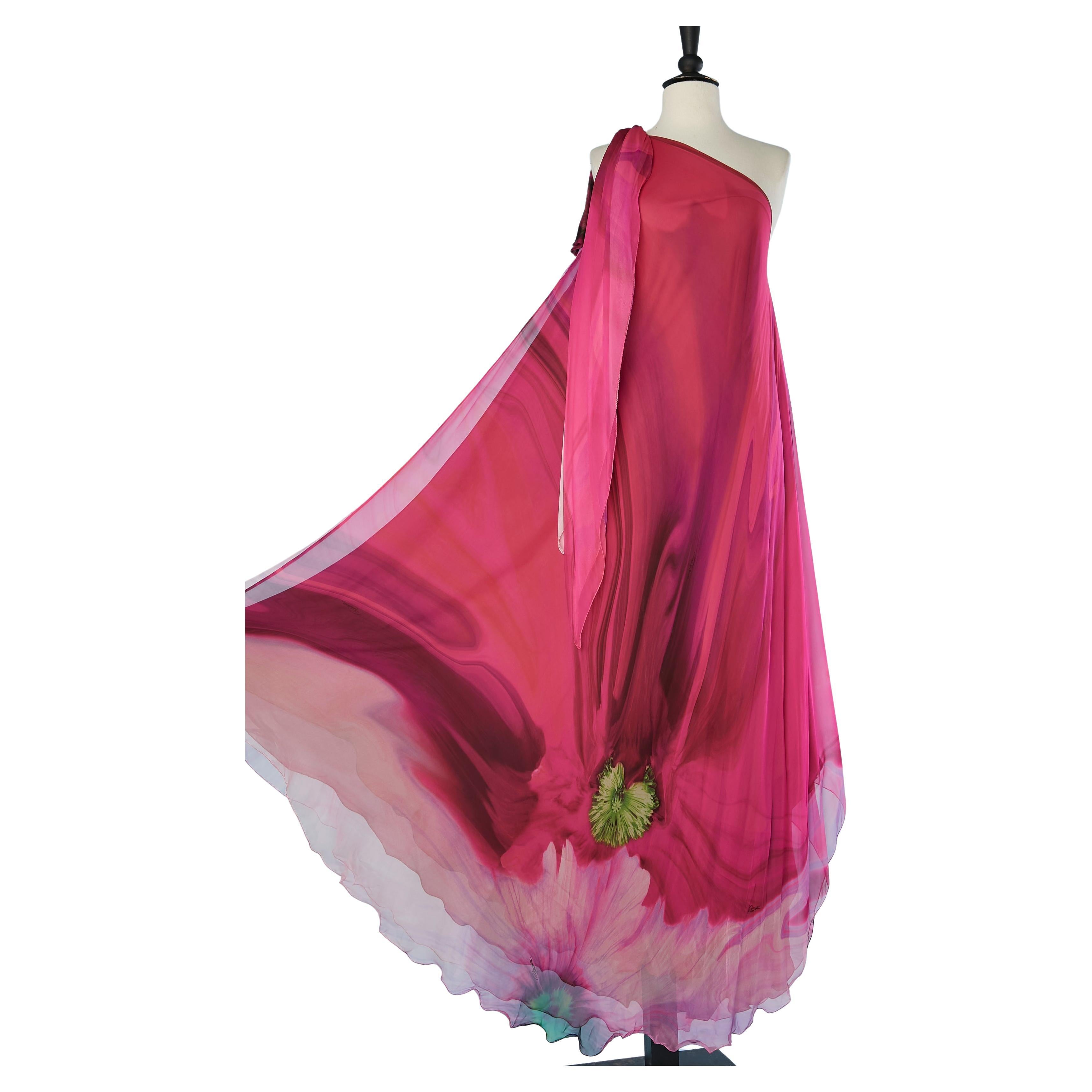 Printed silk chiffon asymmetrical evening dress Roberto Cavalli  For Sale