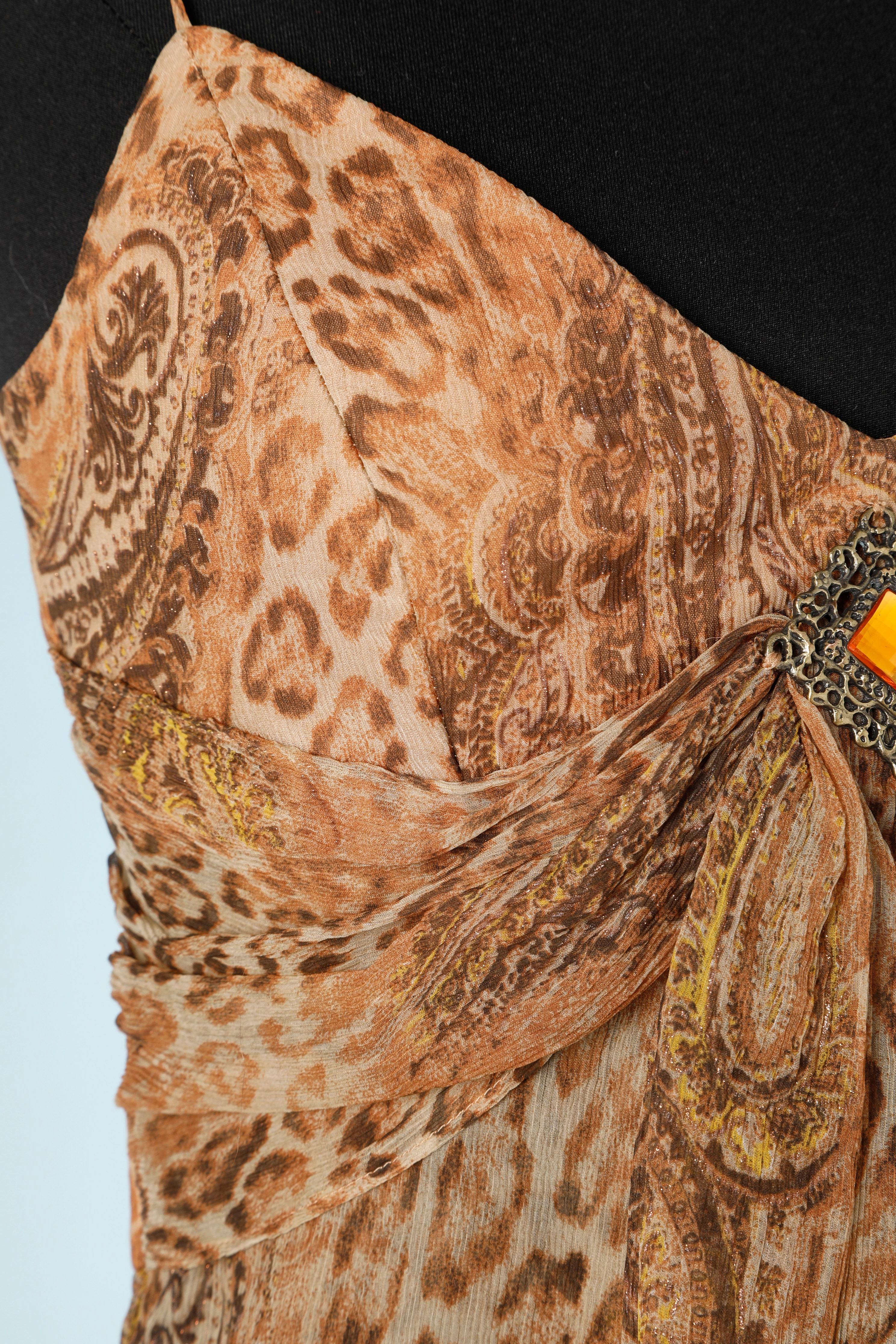 Brown Printed silk chiffon cocktail dress with brooch in the front Luis Spagnoli For Sale