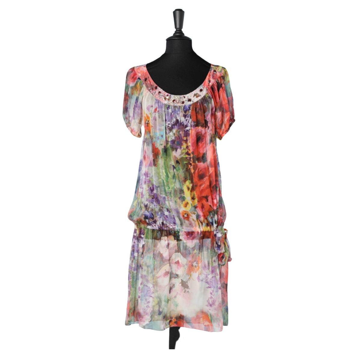 Printed silk chiffon dress with rhinestone and beads on the neckline Blumarine  For Sale