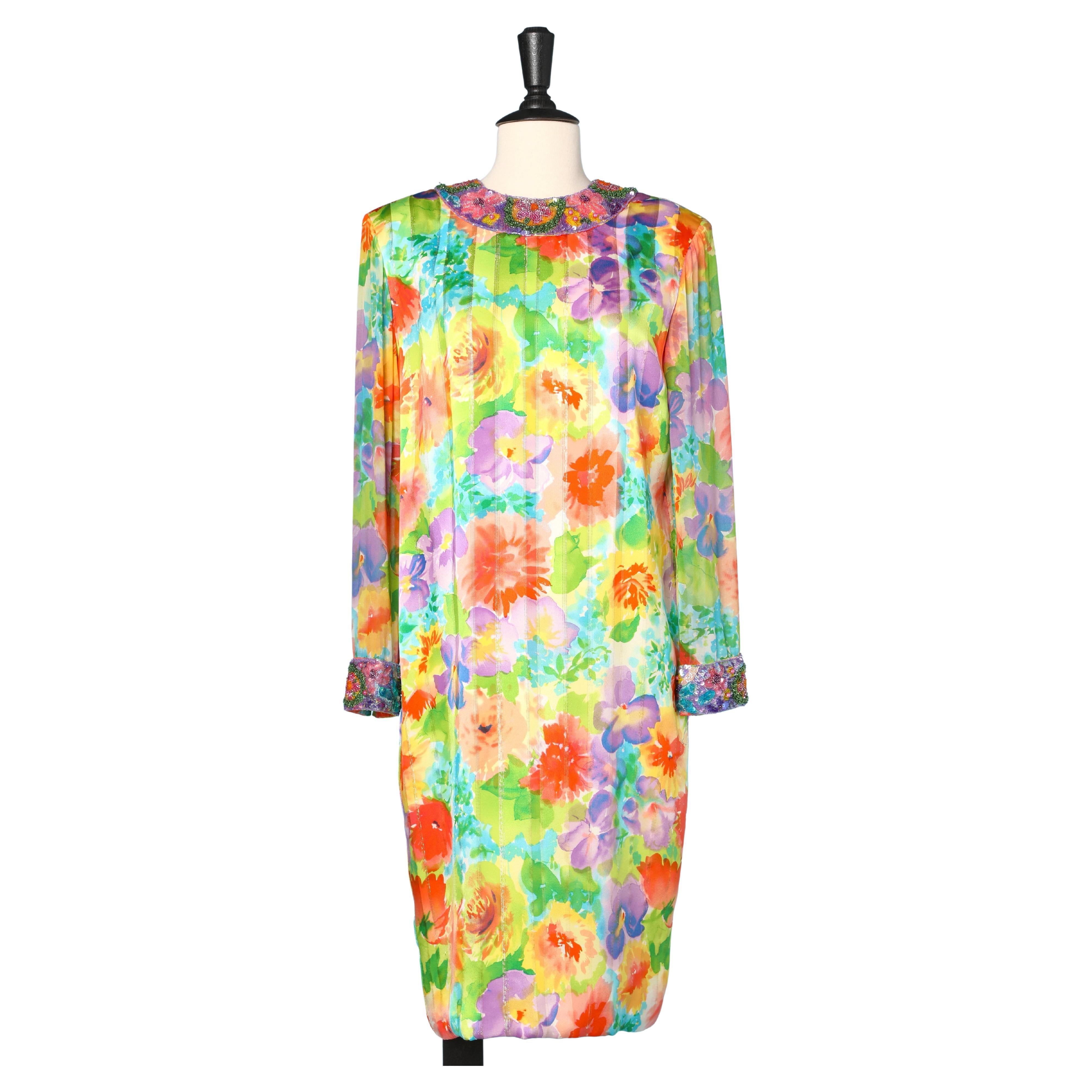 Printed silk cocktail dress with beaded neckless and cuff Bill Blass  For Sale