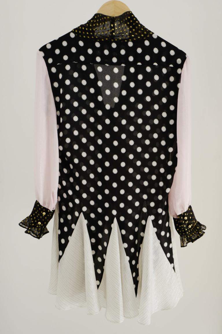 Printed Silk Dress Long Sleeve Patchwork Bow Designer 100% Silk For Sale 1