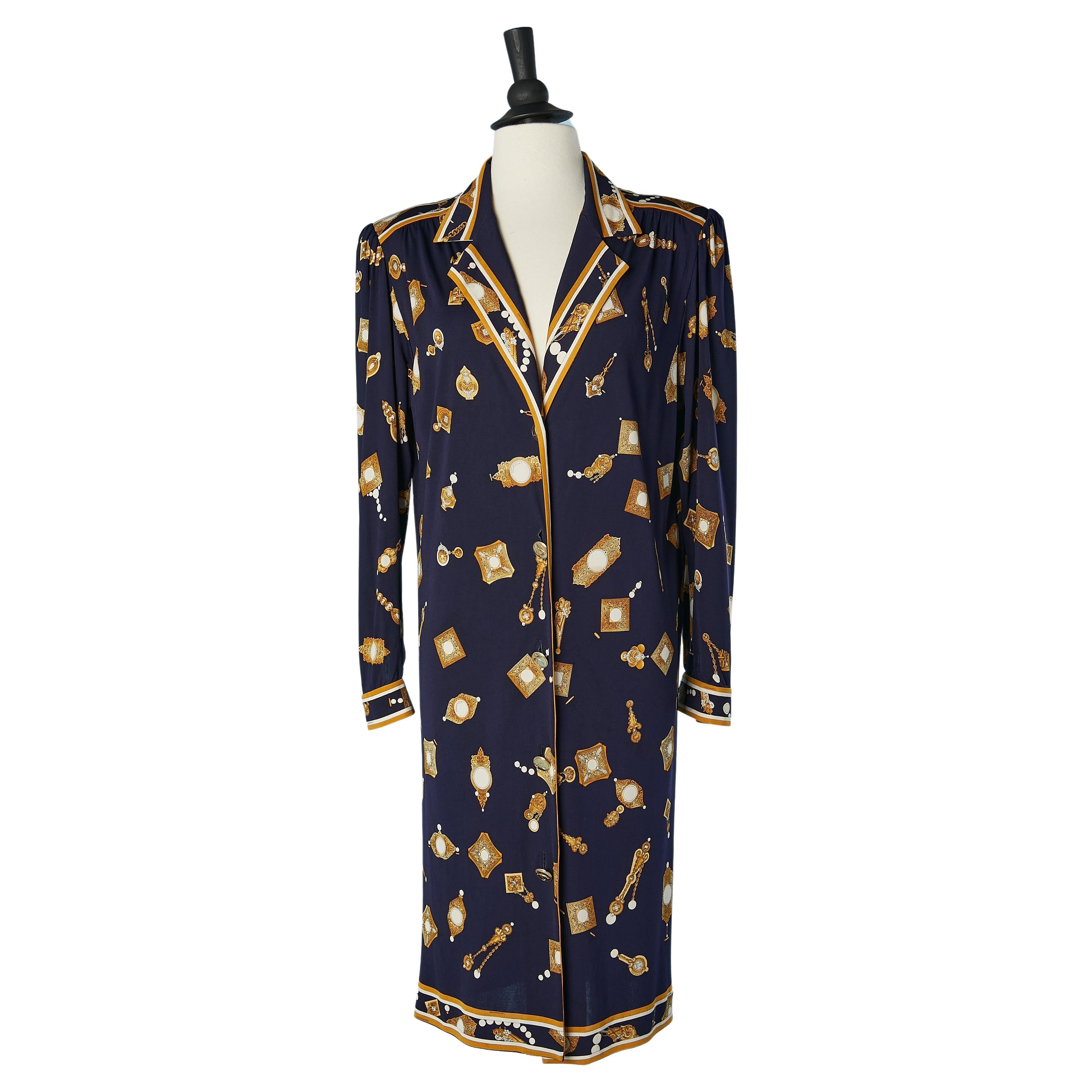 Printed silk jersey dress with gold metal button Léonard For Sale