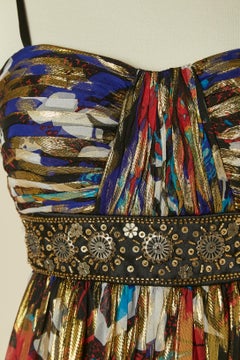 Robe bustier en mousseline de soie lamé imprimée, plissée et perlée OLEG Cassini