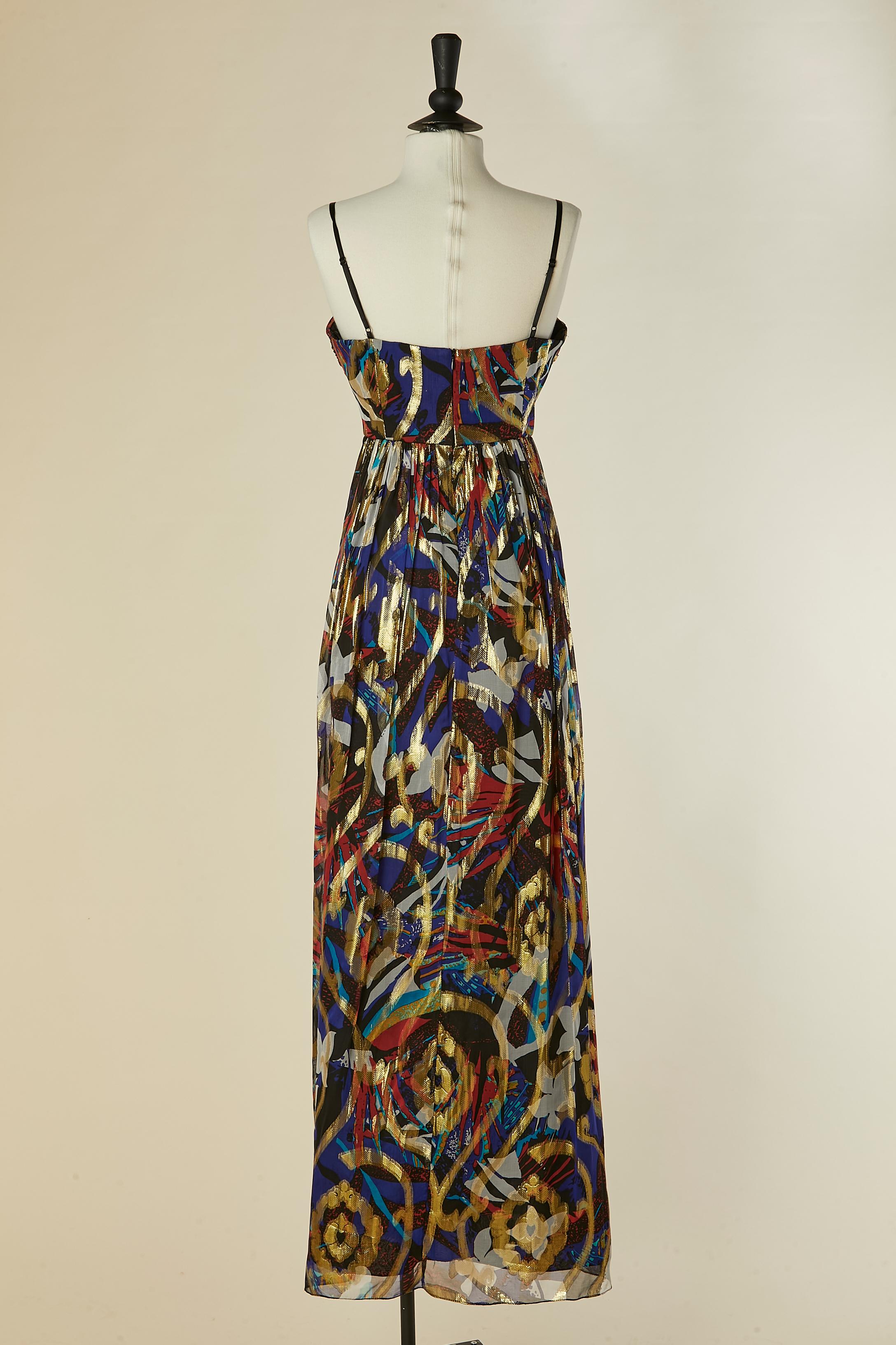 Robe bustier en mousseline de soie lamé imprimée, plissée et perlée OLEG Cassini Pour femmes en vente