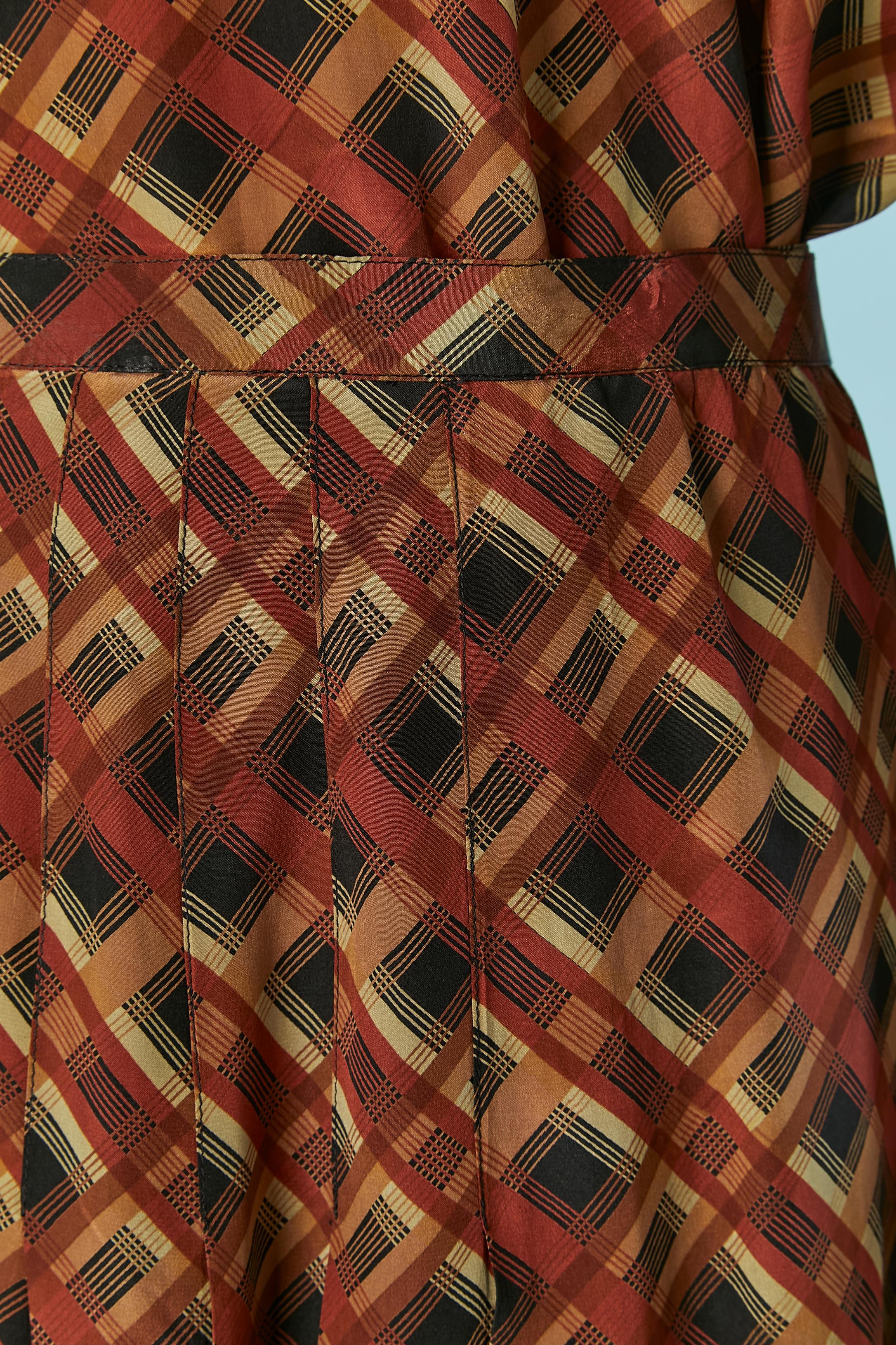 Brown Printed silk shirt and pleated skirt ensemble Saint Laurent Rive Gauche For Sale