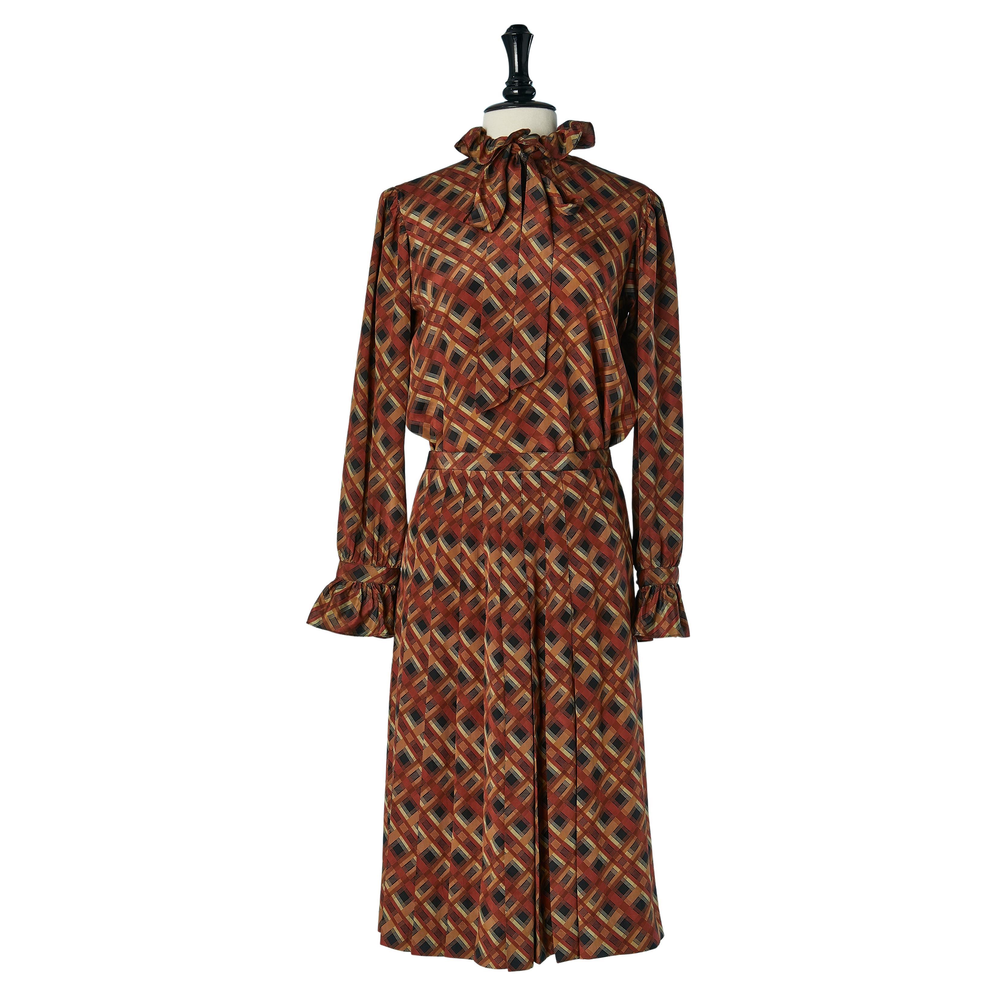 Printed silk shirt and pleated skirt ensemble Saint Laurent Rive Gauche For Sale
