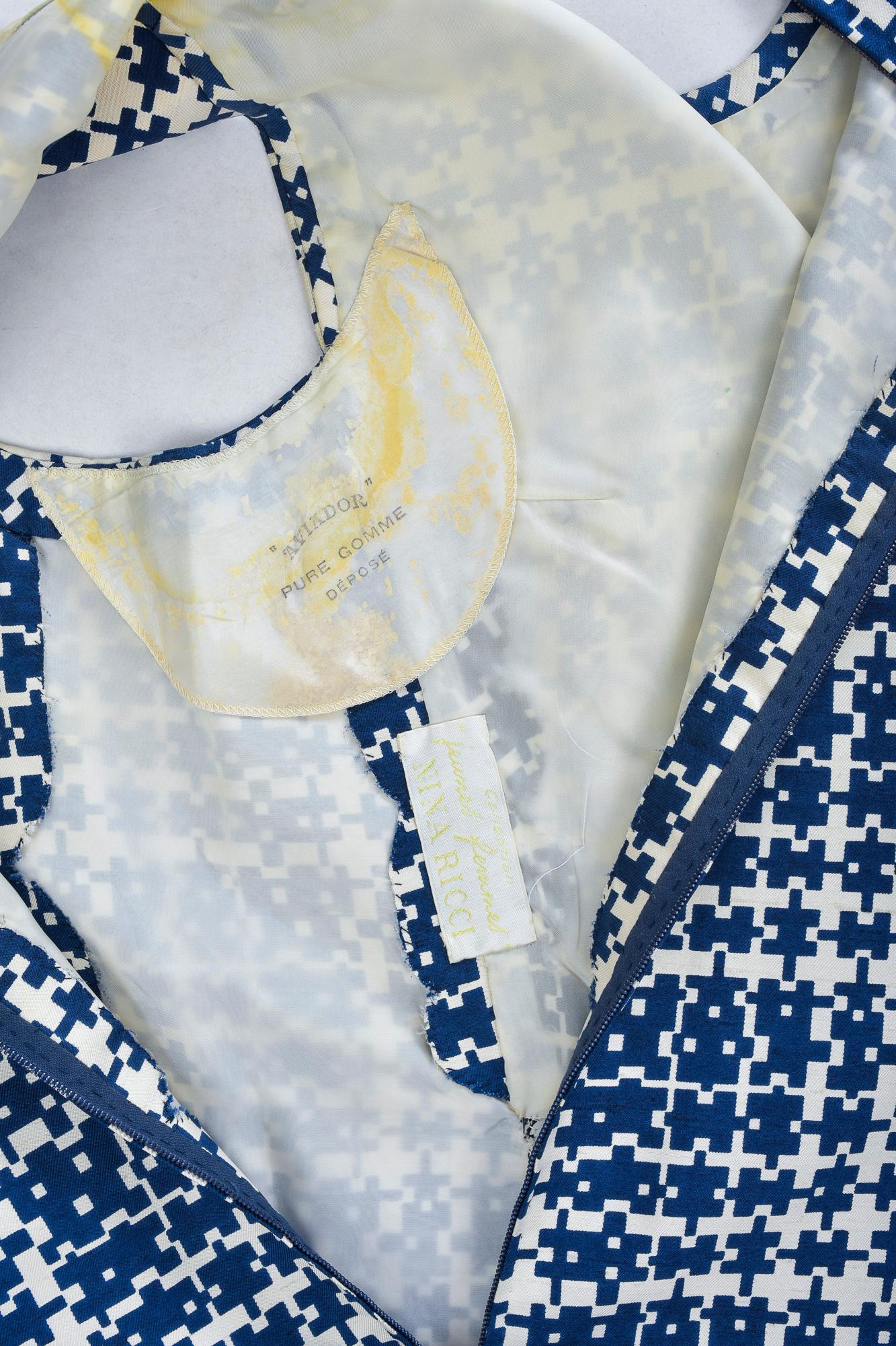 Bleu Combinaison en soie imprimée de Jules-Franois Crahay pour Nina Ricci, circa 1956-1960 en vente