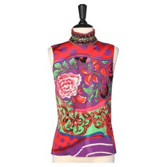 Vintage Printed silk top with full embroidered collar Instante 