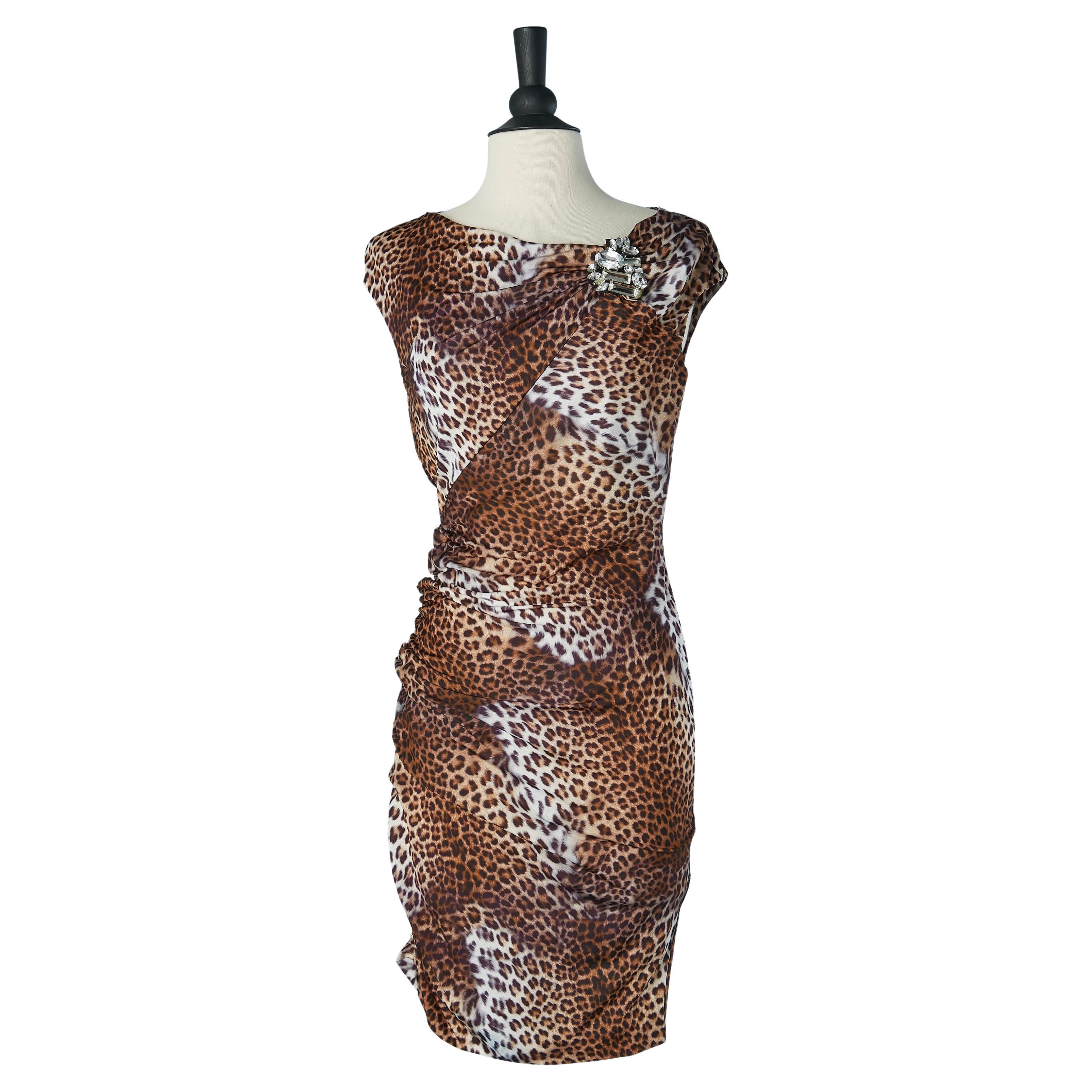 Printed stretch jersey cocktail dress with rhinestone brooch BLUMARINE For Sale