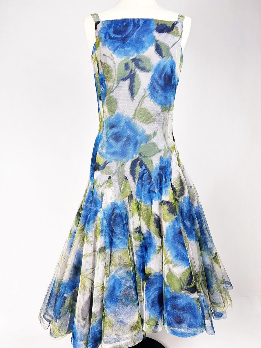 Printed tulle dress by Nina Ricci Couture by Brossin de Méré - Paris Circa 1956 In Good Condition In Toulon, FR