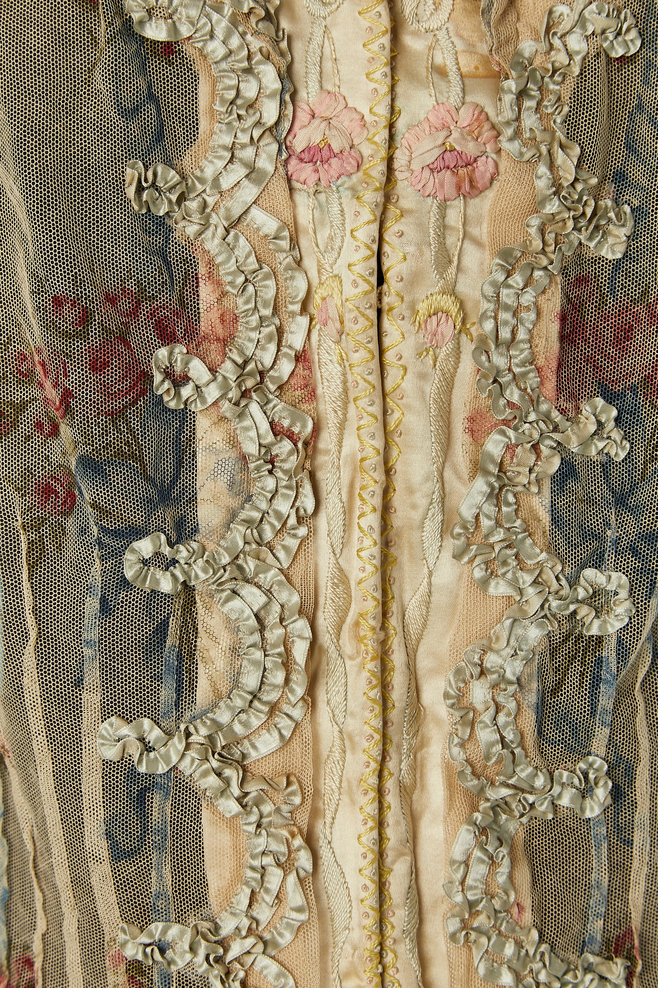 Brown Printed tulle jacket with ribbon, flowers and threads embroideries Circa 1890 For Sale