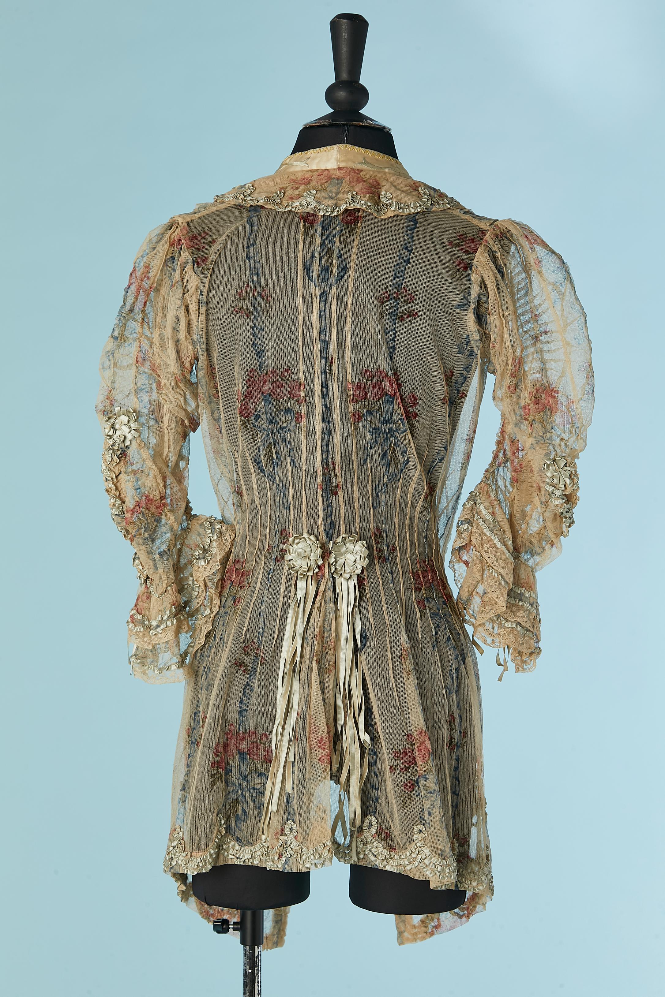 Printed tulle jacket with ribbon, flowers and threads embroideries Circa 1890 For Sale 3