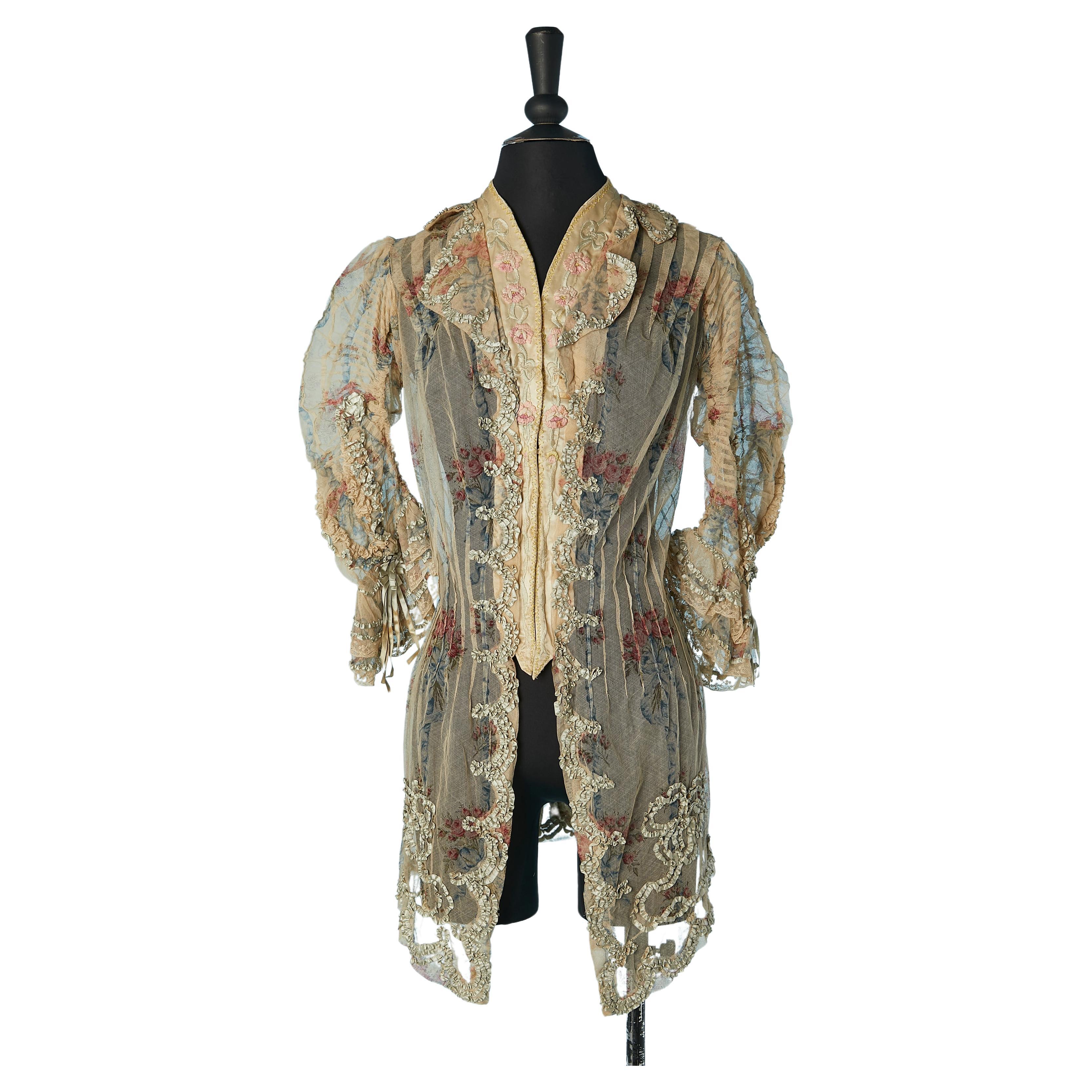 Printed tulle jacket with ribbon, flowers and threads embroideries Circa 1890 For Sale