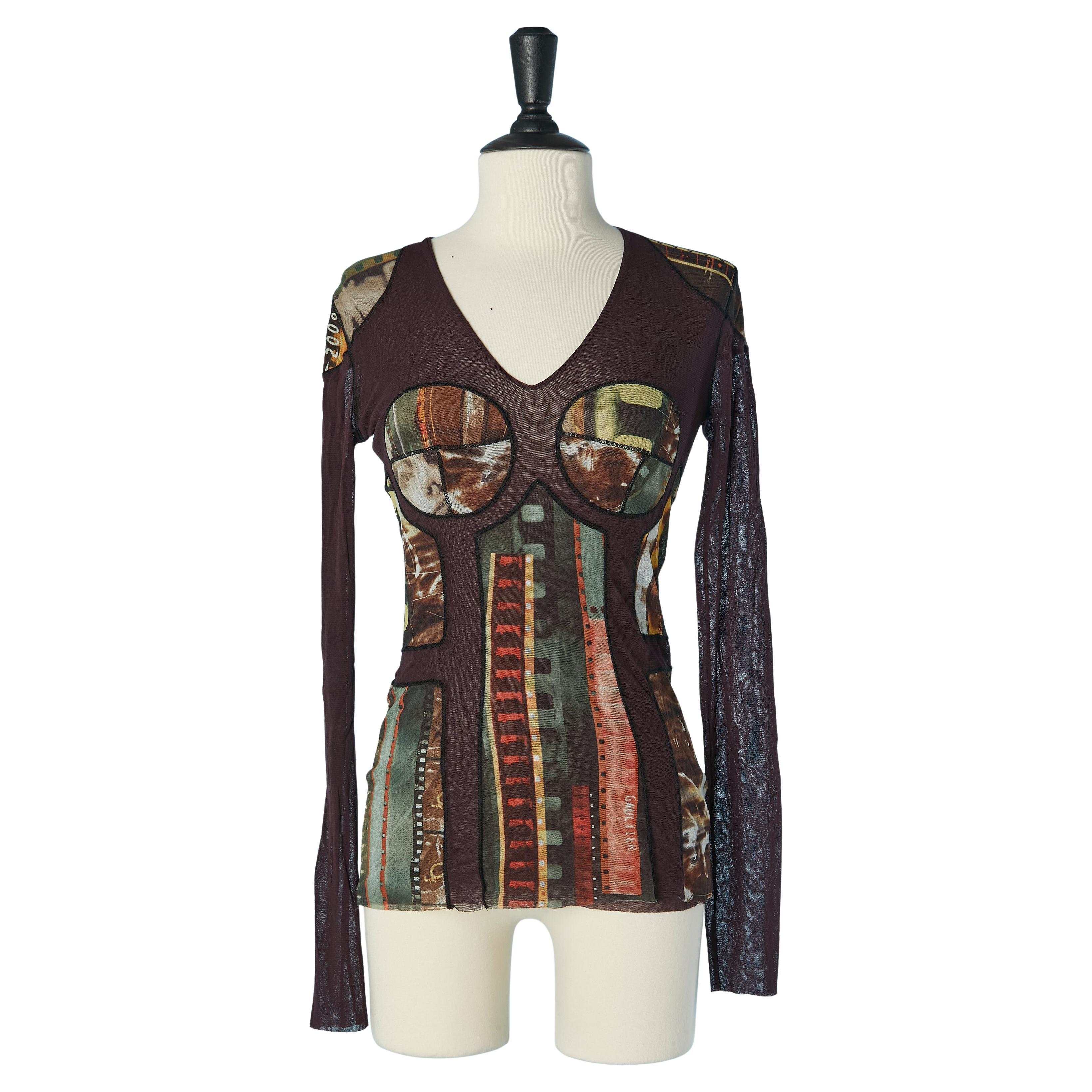 Printed tulle long sleeve tee-shirt  with cut-work JEAN-PAUL GAULTIER SOLEIL For Sale
