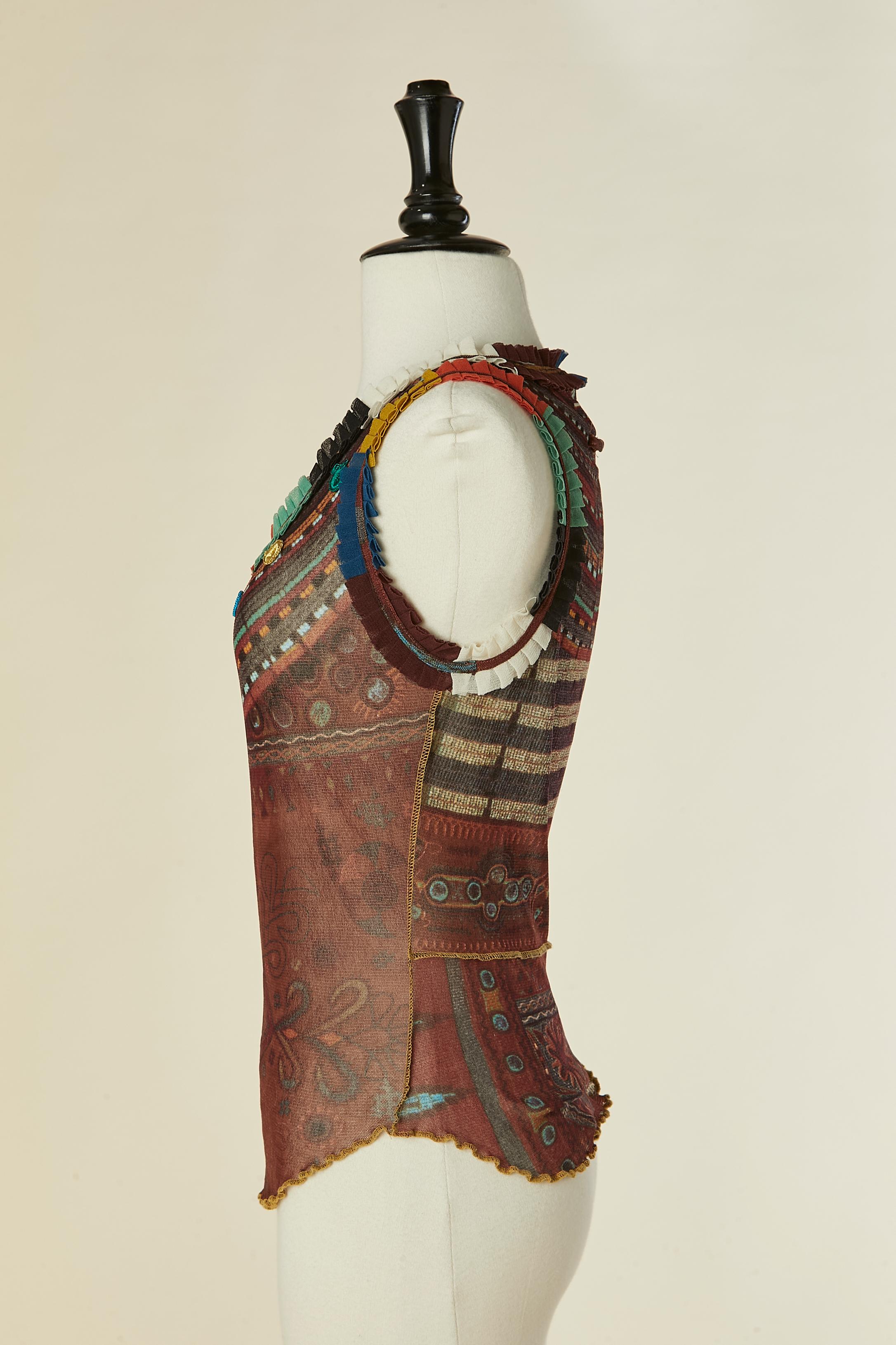 Marron Débardeur en tulle imprimé avec volants et miroirs JEAN-PAUL GAULTIER en vente