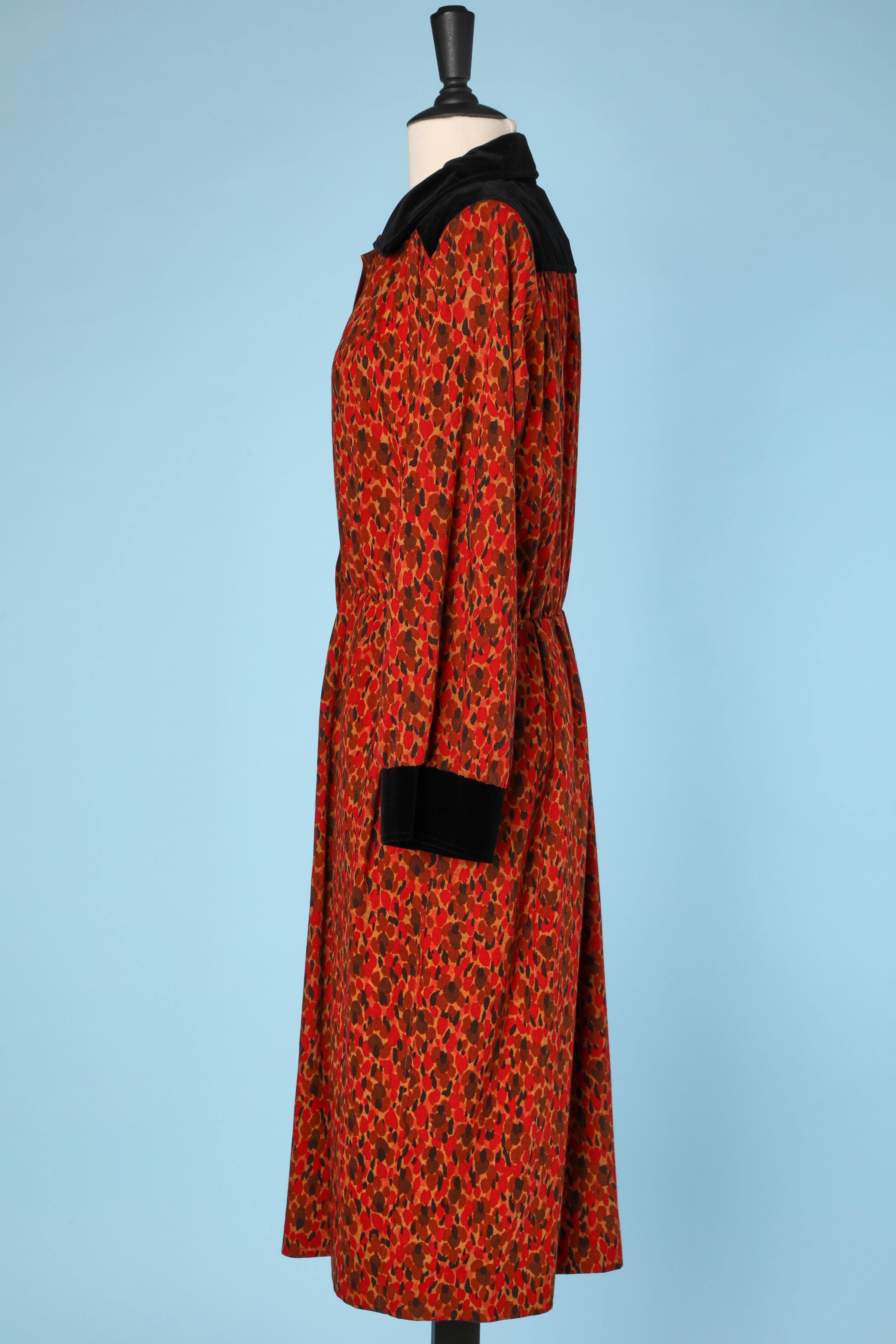 Women's Printed wool day dress with black velvet details Saint Laurent Rive Gauche  For Sale