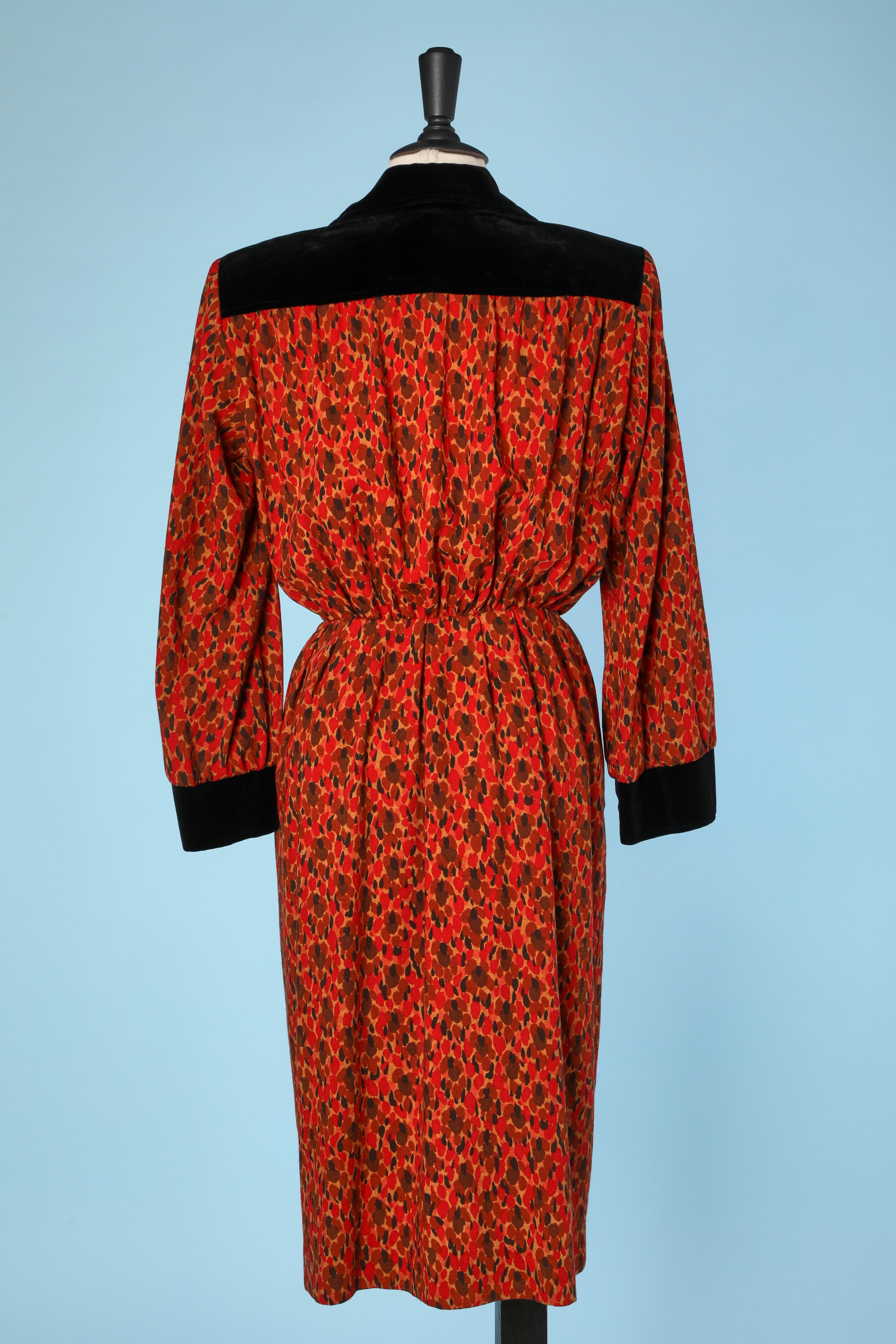 Printed wool day dress with black velvet details Saint Laurent Rive Gauche  For Sale 1