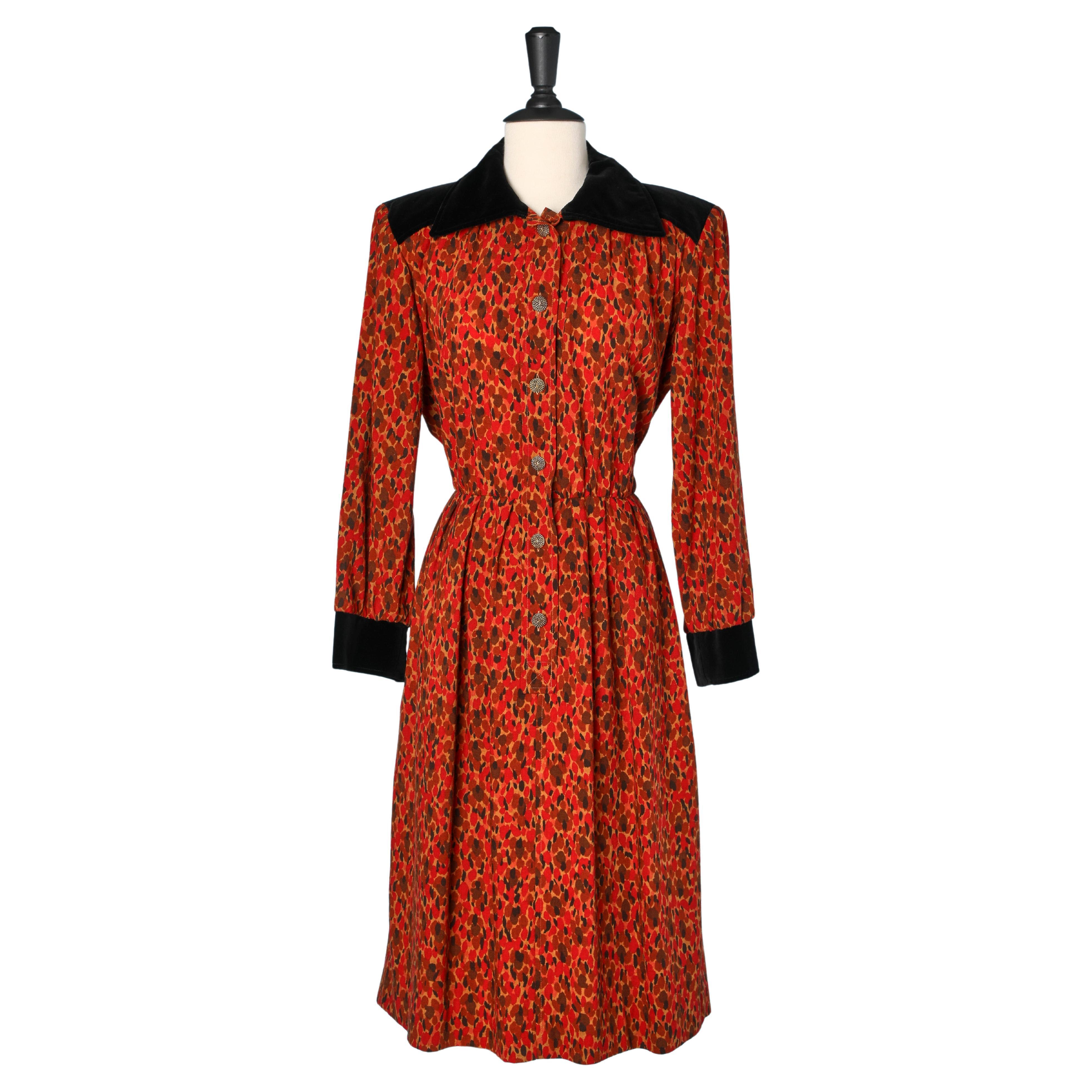Printed wool day dress with black velvet details Saint Laurent Rive Gauche  For Sale