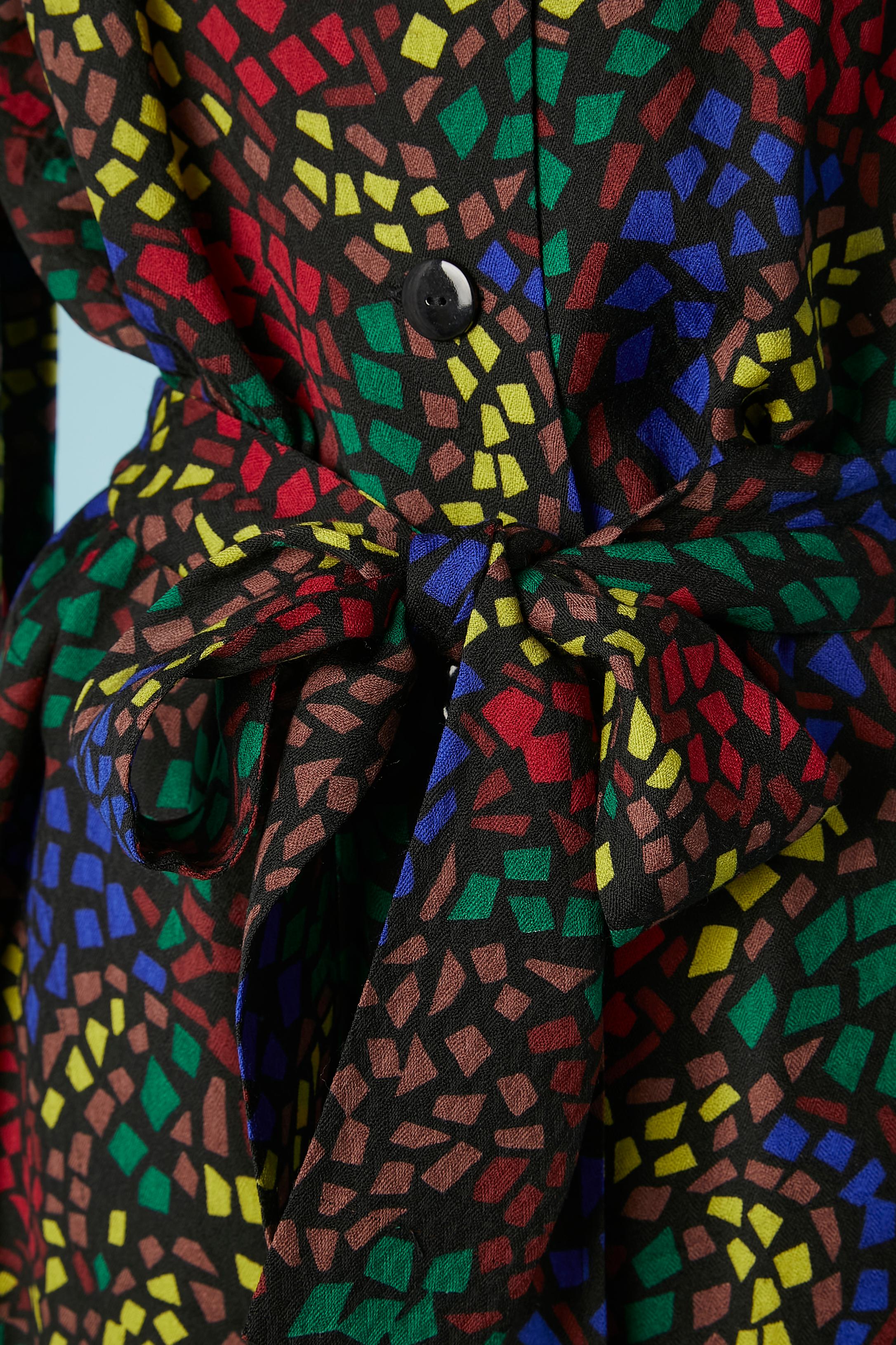 Bedrucktes Wollkleid mit Samt-Schultern von Yves Saint Laurent Variation  (Schwarz) im Angebot