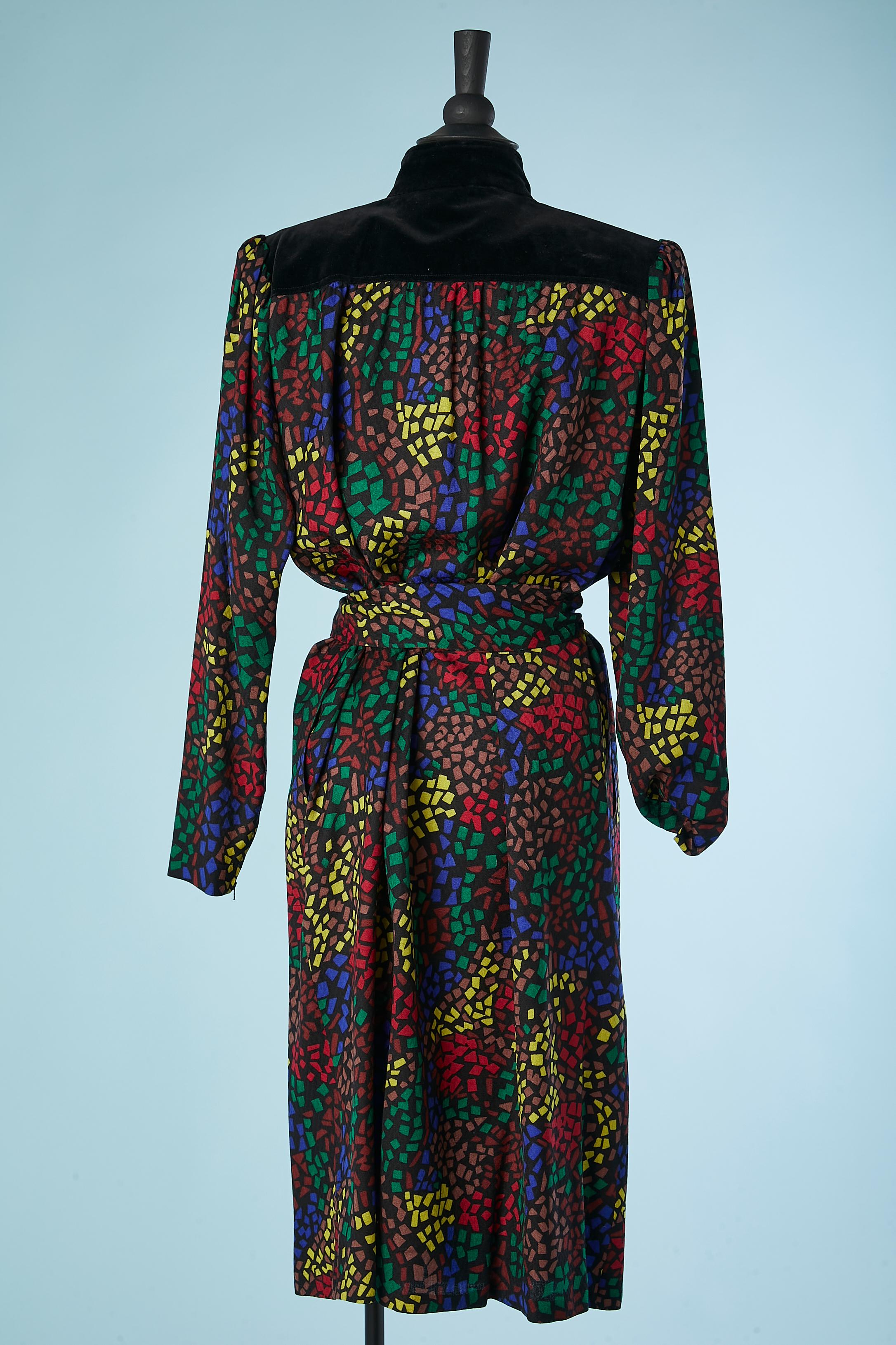 Women's Printed wool dress with velvet shoulders Yves Saint Laurent Variation  For Sale