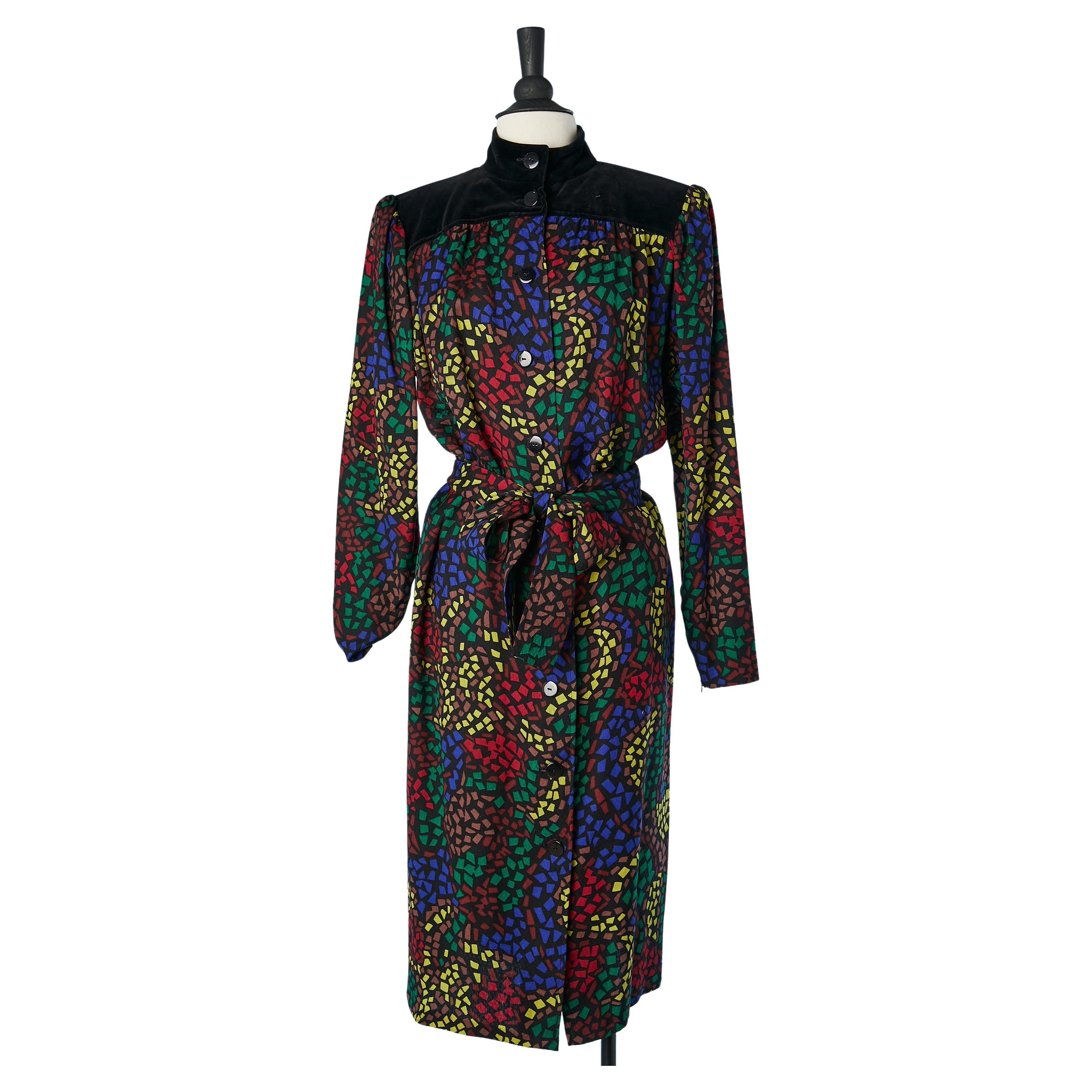 Printed wool dress with velvet shoulders Yves Saint Laurent Variation  For Sale