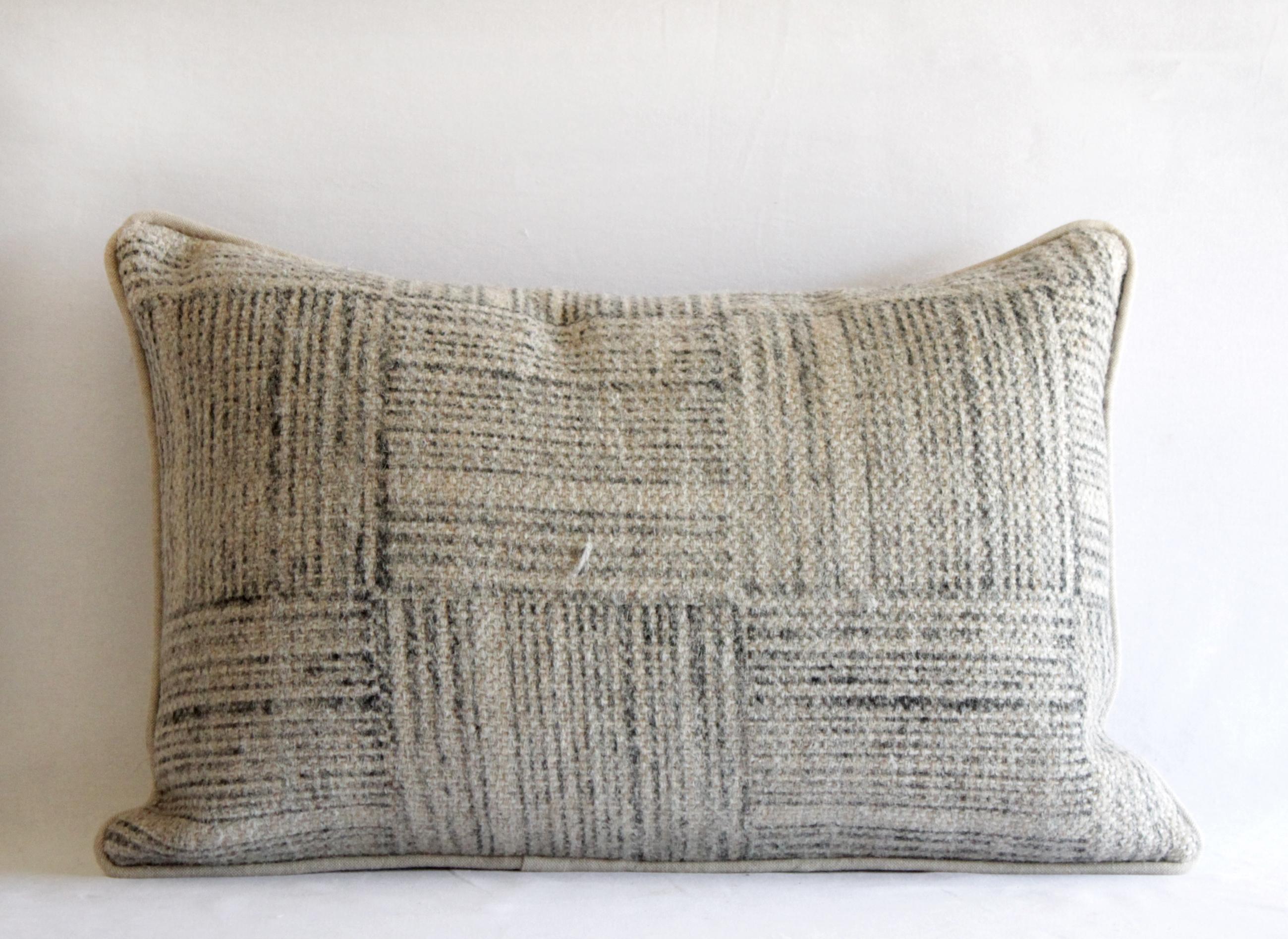 Printed Wool Lumbar Pillows in Tan and Charcoal Stripes In New Condition In Brea, CA