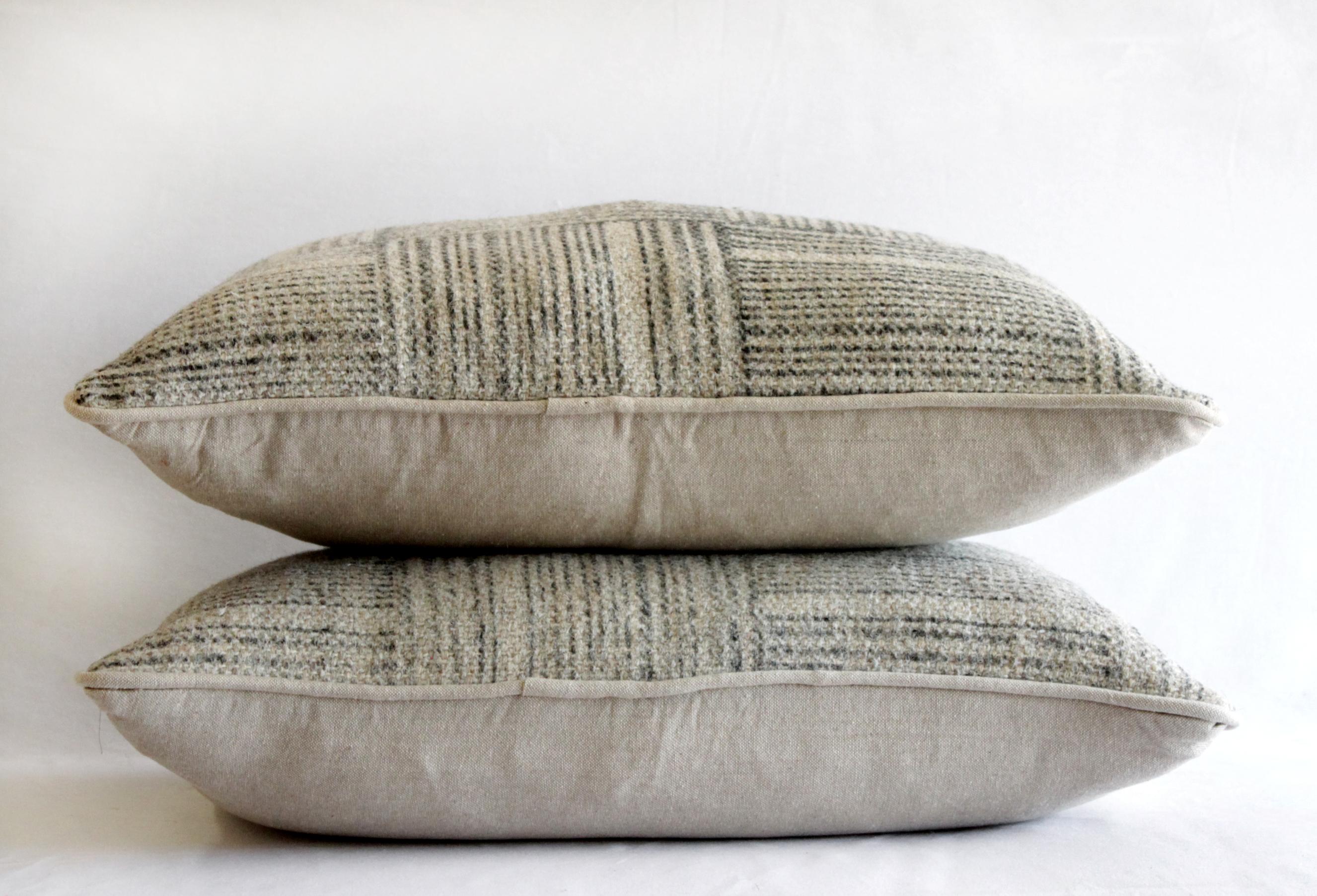 Contemporary Printed Wool Lumbar Pillows in Tan and Charcoal Stripes