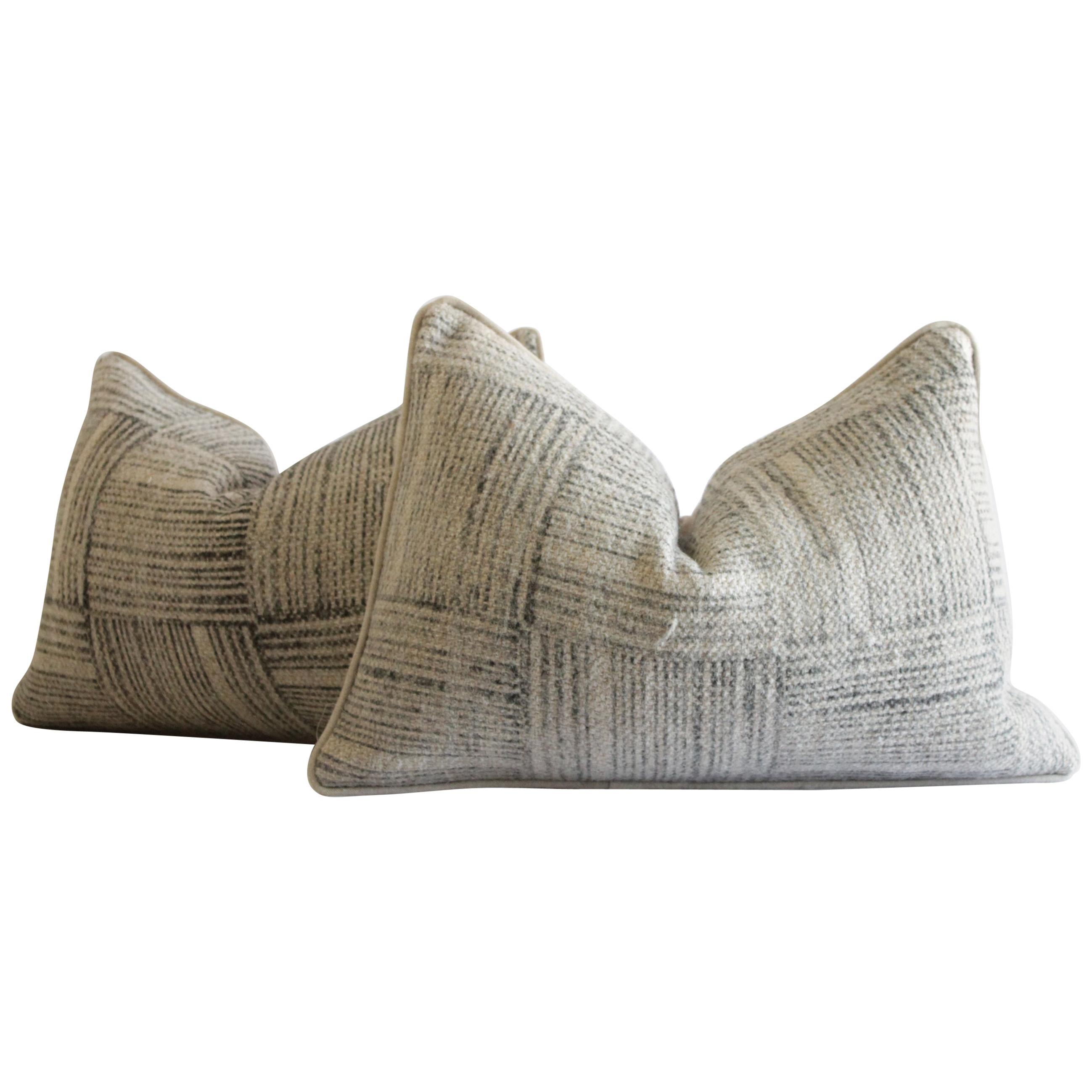 Printed Wool Lumbar Pillows in Tan and Charcoal Stripes