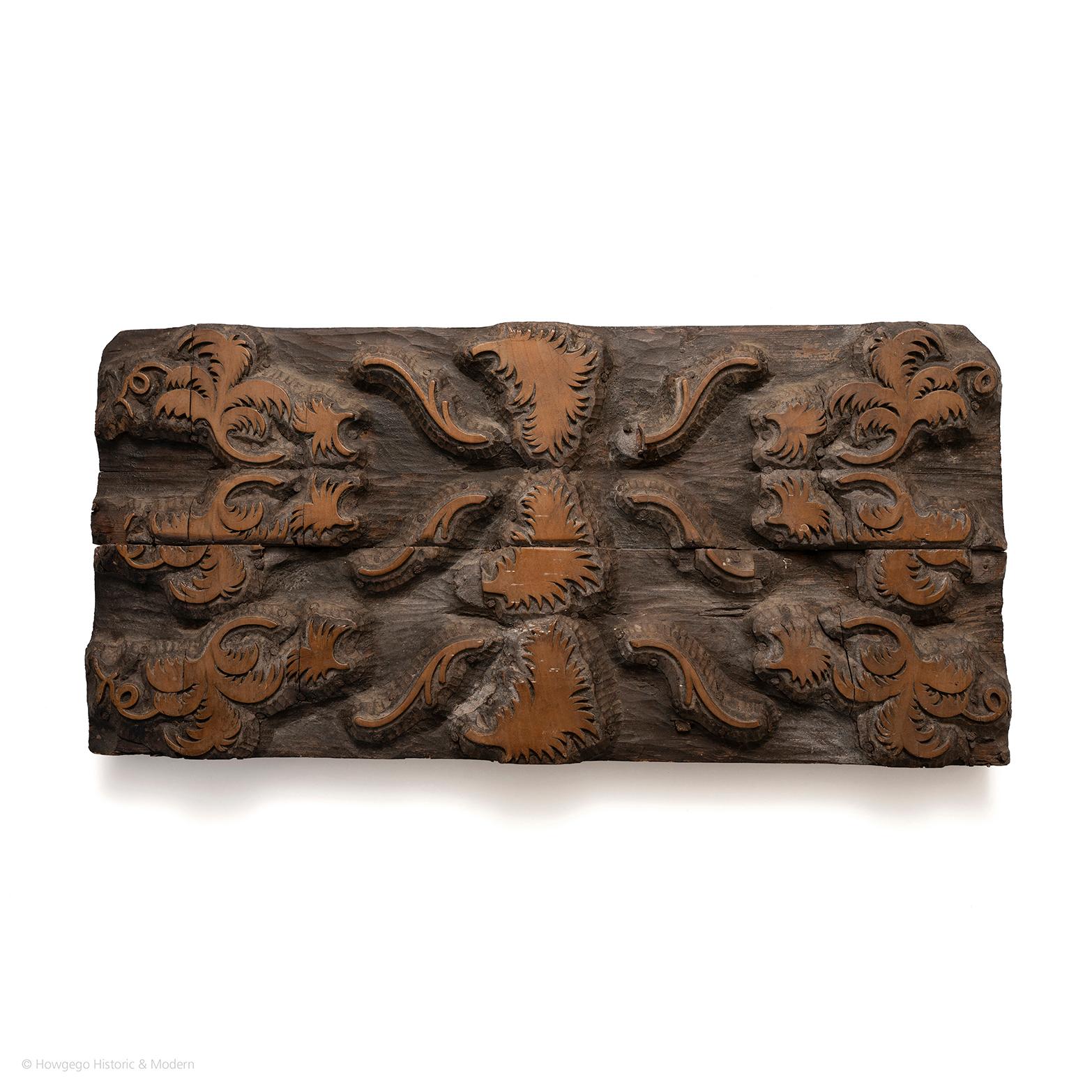 Rare woodblock with complete repeat. Of interest to wallpaper collectors or as a conversation piece in the home as a decorative carved wallhanging.

A large 19th century French wallpaper printing block. Complete repeat of a stylised leaf pattern