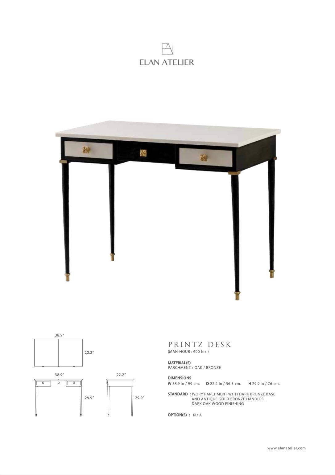 Made to order elegant writing desk or makeup table. Ten weeks production, plus international shipping.

Ivory parchment with dark bronze legs and antique gold bronze details. Dark oak wood finishing.

Dimensions:
W 38.9 D 22.2 H 29.9 INCHES
W 99.0 D