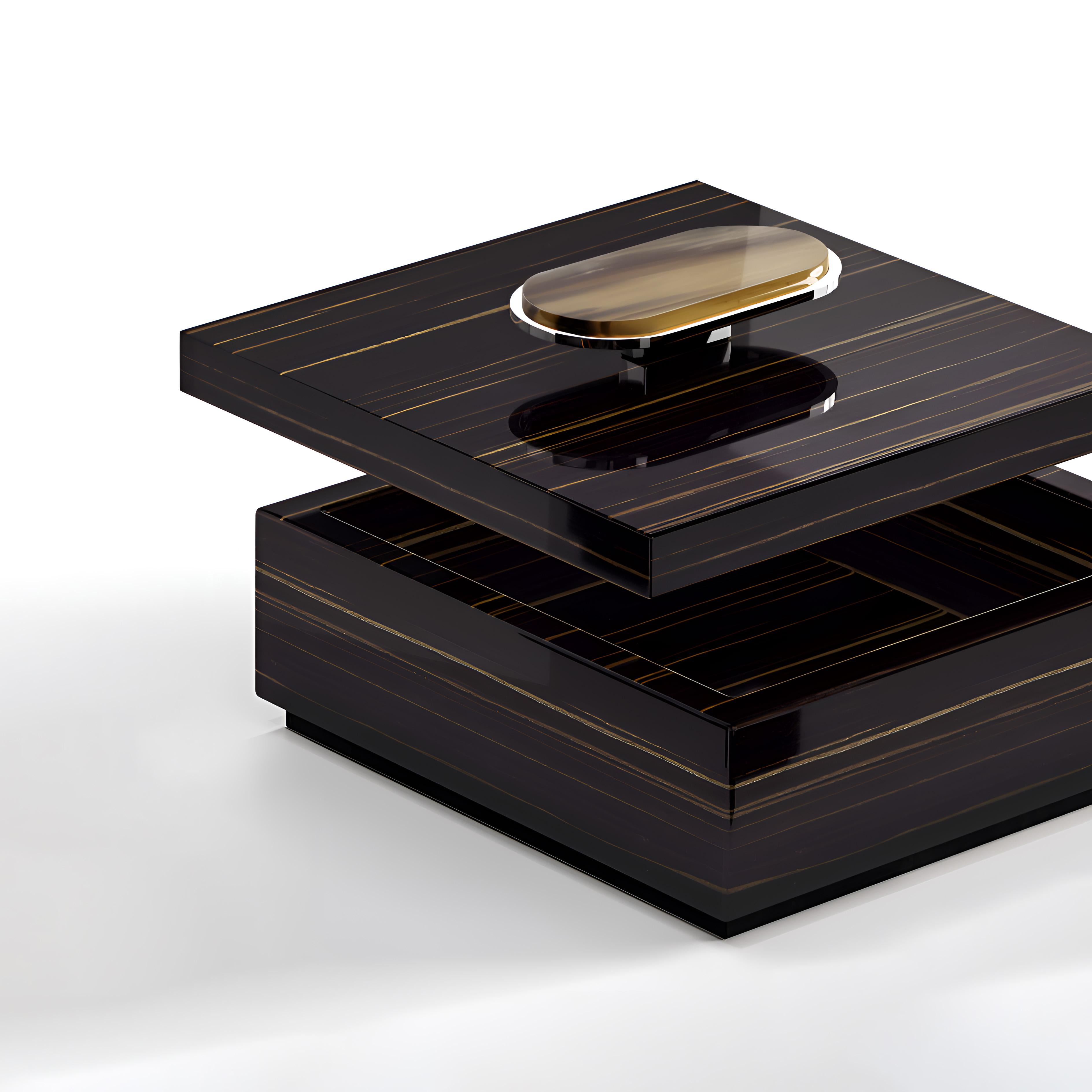 The Priora box is designed to provide an exquisite storage solution for small items. Fashioned from glossy ebony, each box is distinguished by an elegant detail in Corno Italiano and chromed brass decorating the lid. What sets Priora apart are the
