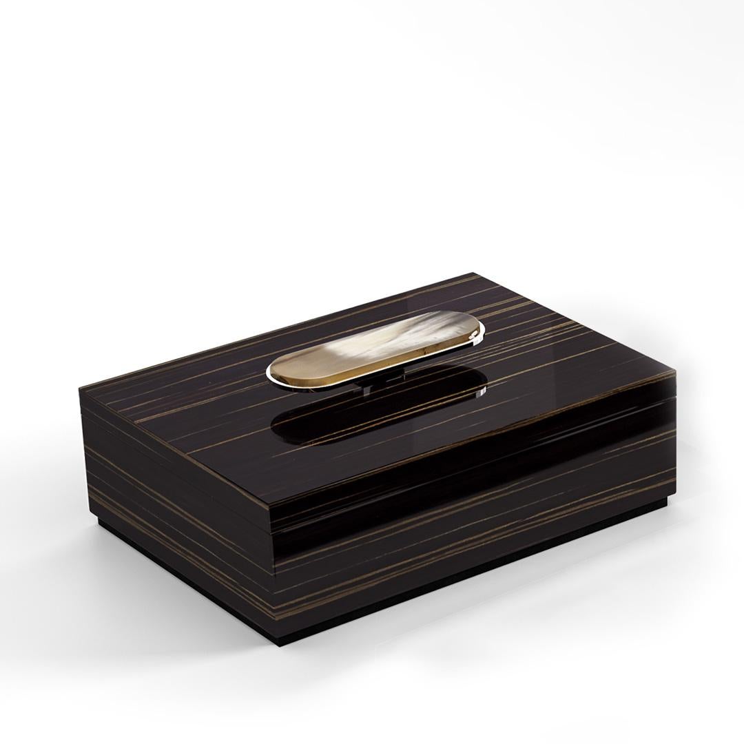 Contemporary Priora Box in glossy ebony with detail in Corno Italiano, Mod. 2403 For Sale