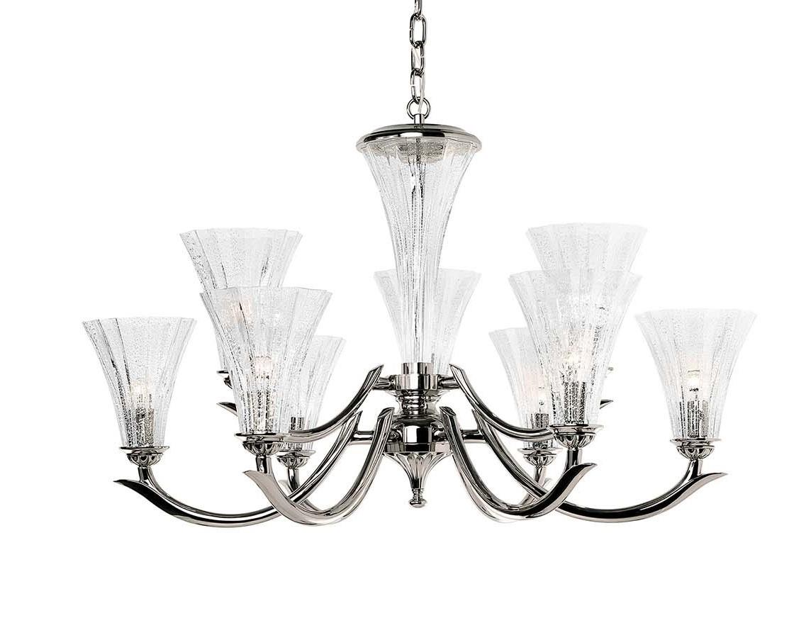 Handcrafted with masterful attention to the smallest detail, this highly refined chandelier is especially suitable for modern and contemporary interiors. Extending from a metal structure with a polished nickel finish and enriched with silver leaf,