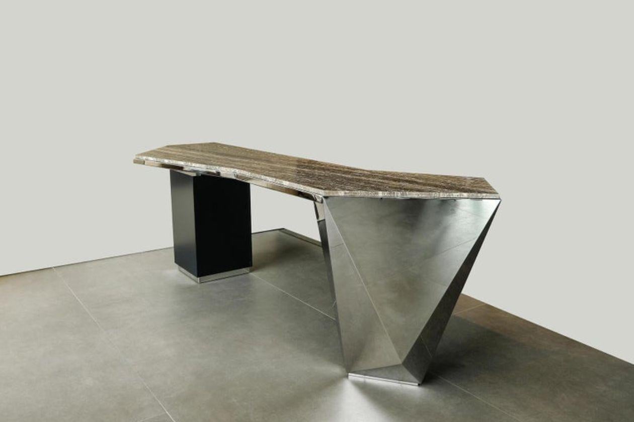 Modern Prism L, Bar in Hand Polished Stainless Steel, G Metal and Travertine Marble For Sale