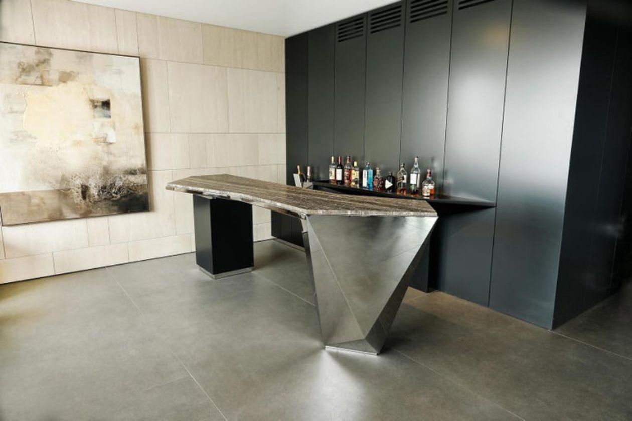 Lebanese Prism L, Bar in Hand Polished Stainless Steel, G Metal and Travertine Marble For Sale
