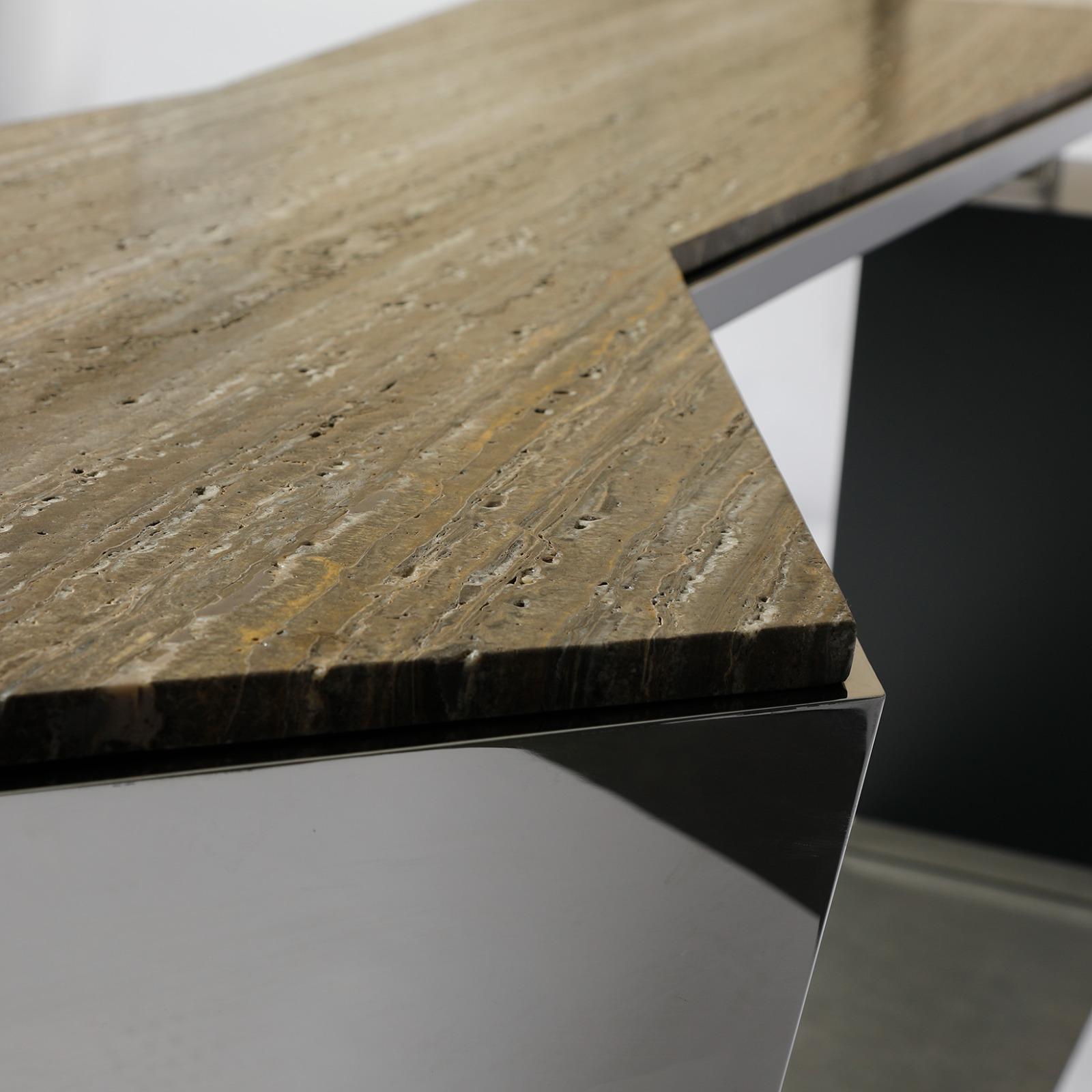 Contemporary Prism L, Bar in Hand Polished Stainless Steel, G Metal and Travertine Marble For Sale