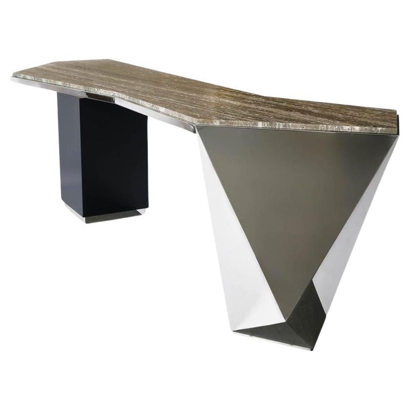 Prism L, Bar in Hand Polished Stainless Steel, G Metal and Travertine Marble For Sale