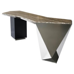 Prism L, Bar in Hand Polished Stainless Steel, Gun Metal and Travertine Marble