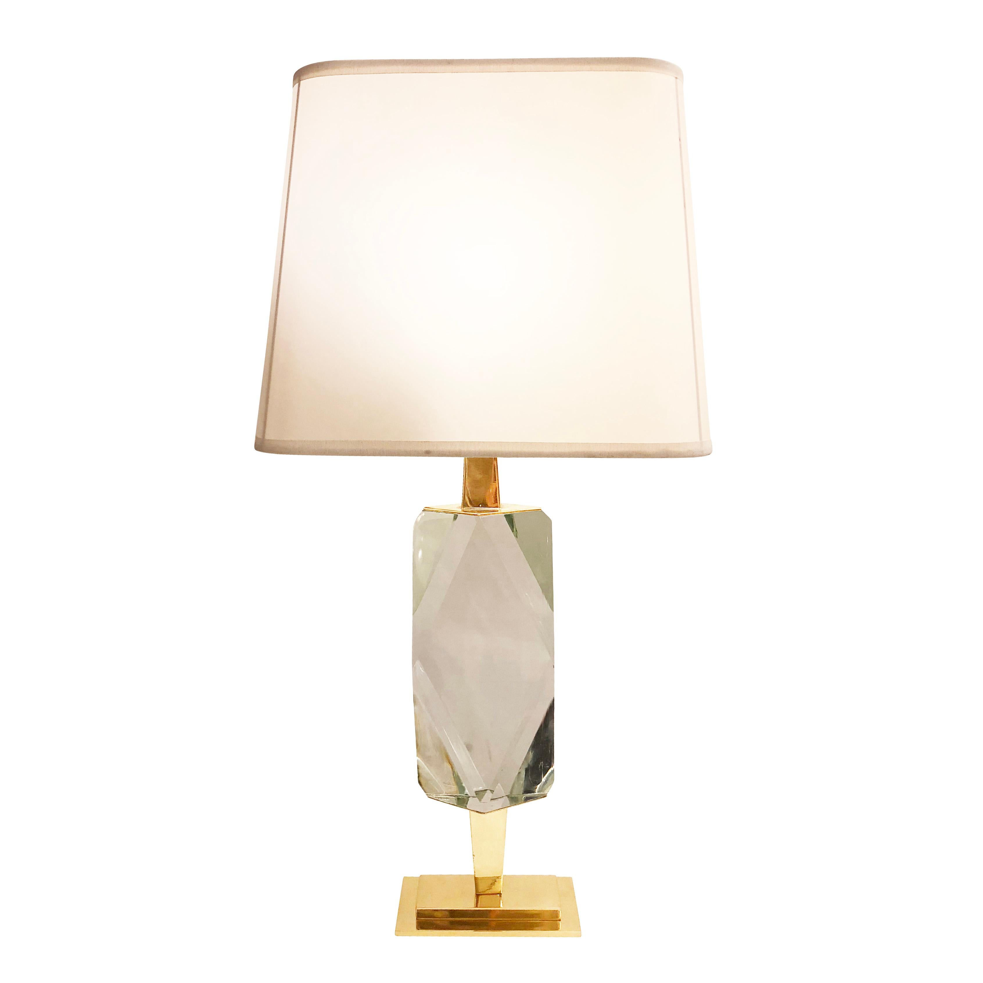 Prisma table lamp designed by Gaspare Asaro for his contemporary collection formA, featuring a hand cut faceted glass and brass hardware. A shorter version without the base is also available (see last image). Finish of hardware can be customized as