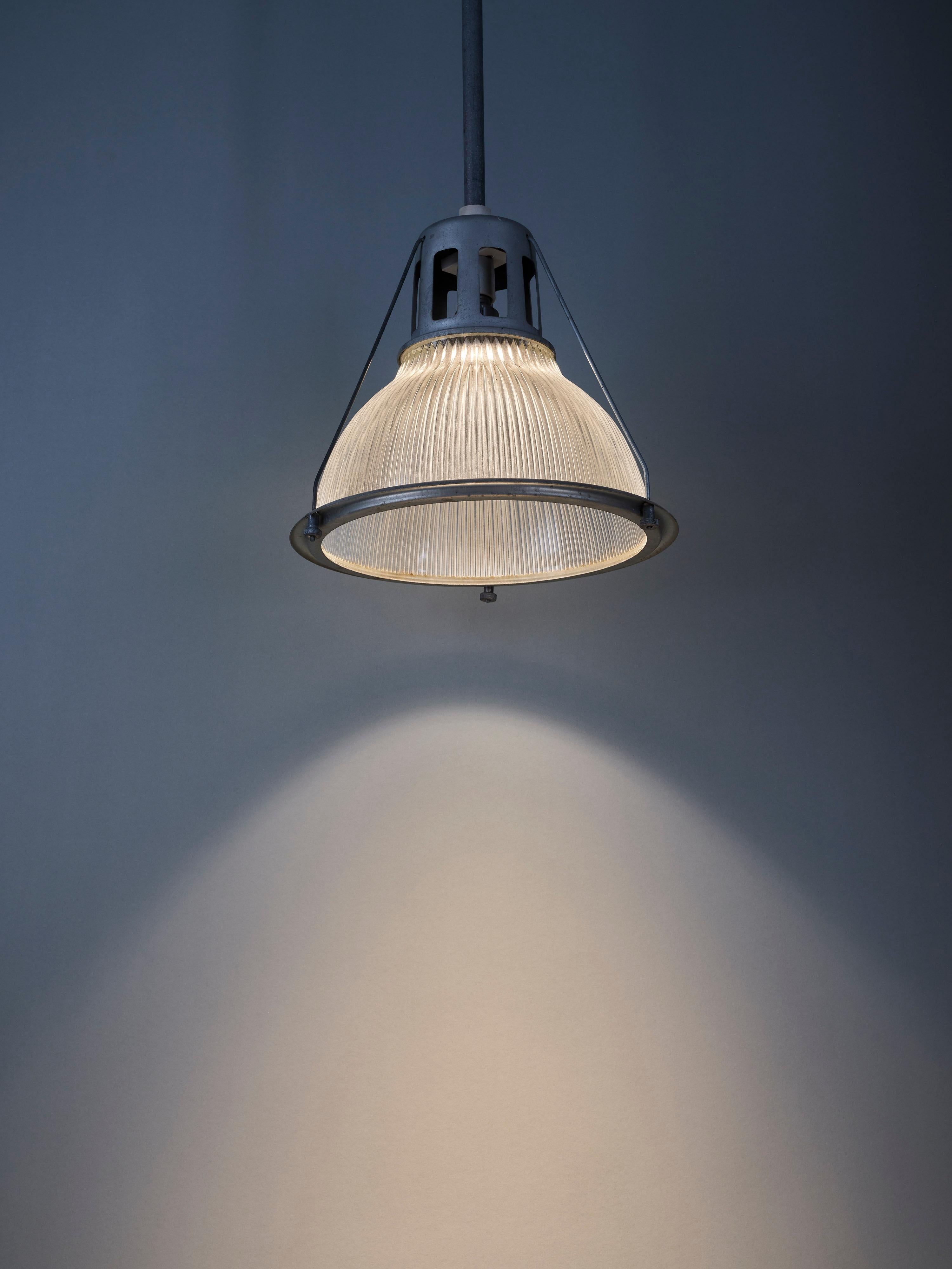 Enameled Holophane Prismatic Ceiling Light, 3 in stock For Sale