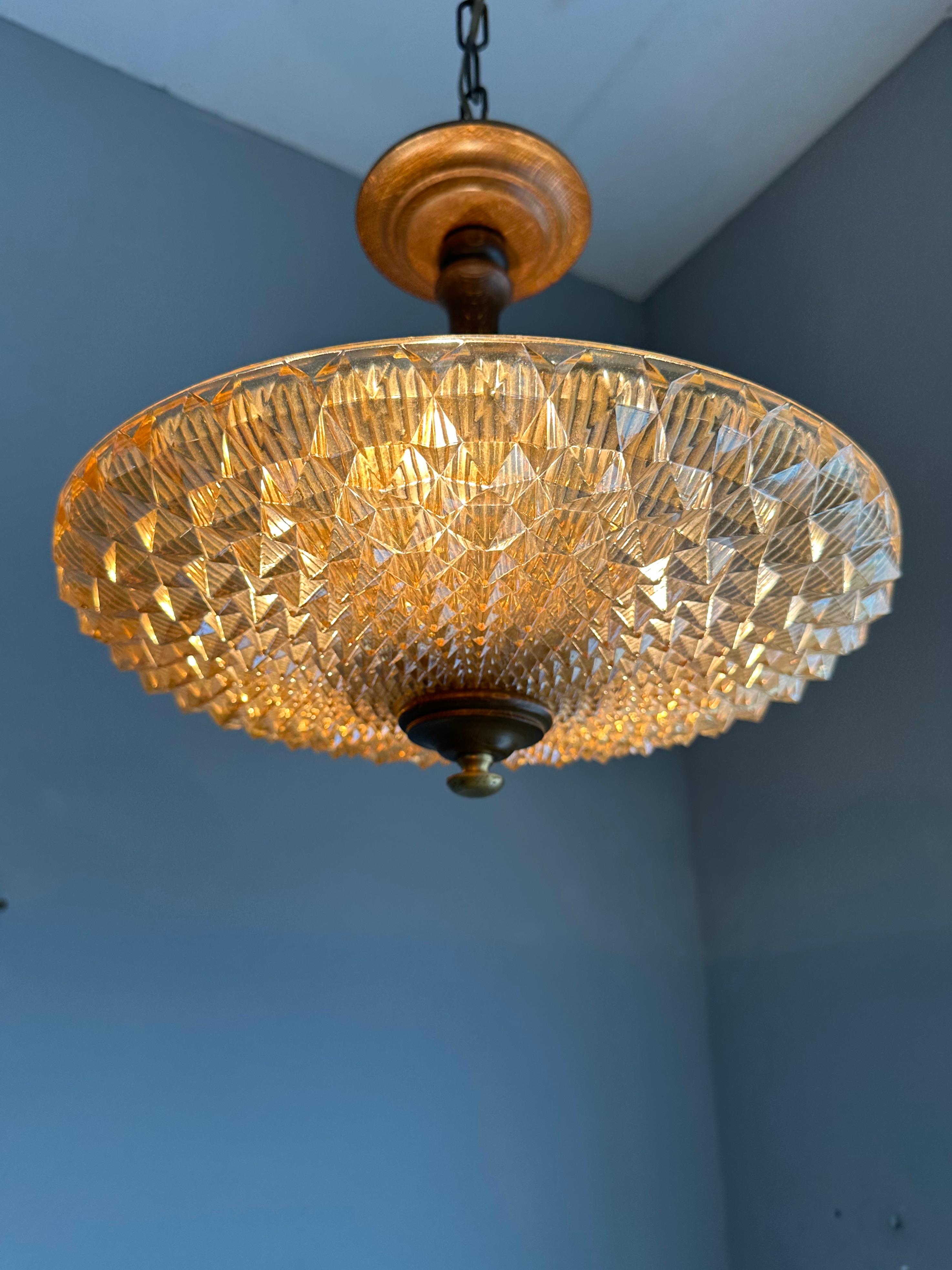 Prismatic Glass and Wood, Art Deco & Holophane Style Pendant Light / Flush Mount 9