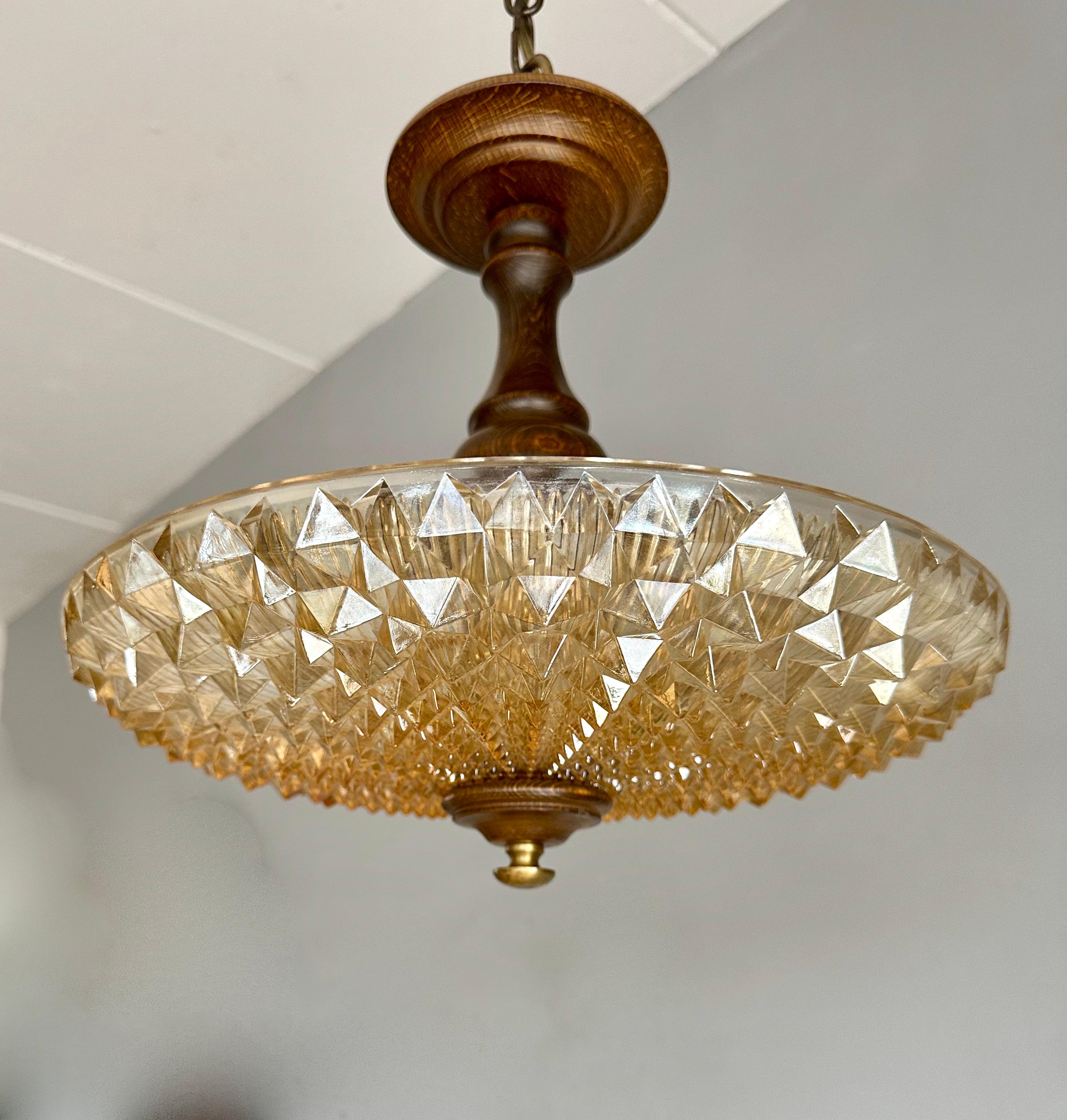 French Prismatic Glass and Wood, Art Deco & Holophane Style Pendant Light / Flush Mount