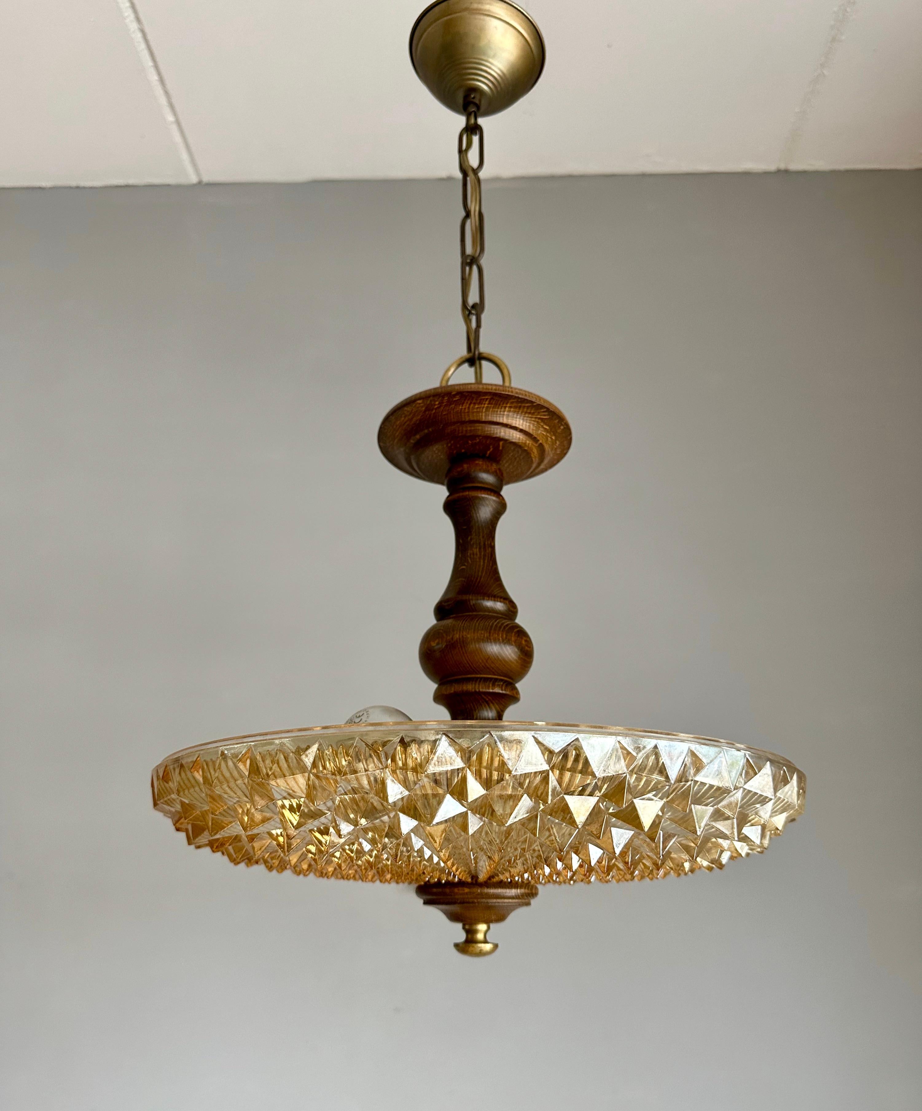 Hand-Crafted Prismatic Glass and Wood, Art Deco & Holophane Style Pendant Light / Flush Mount