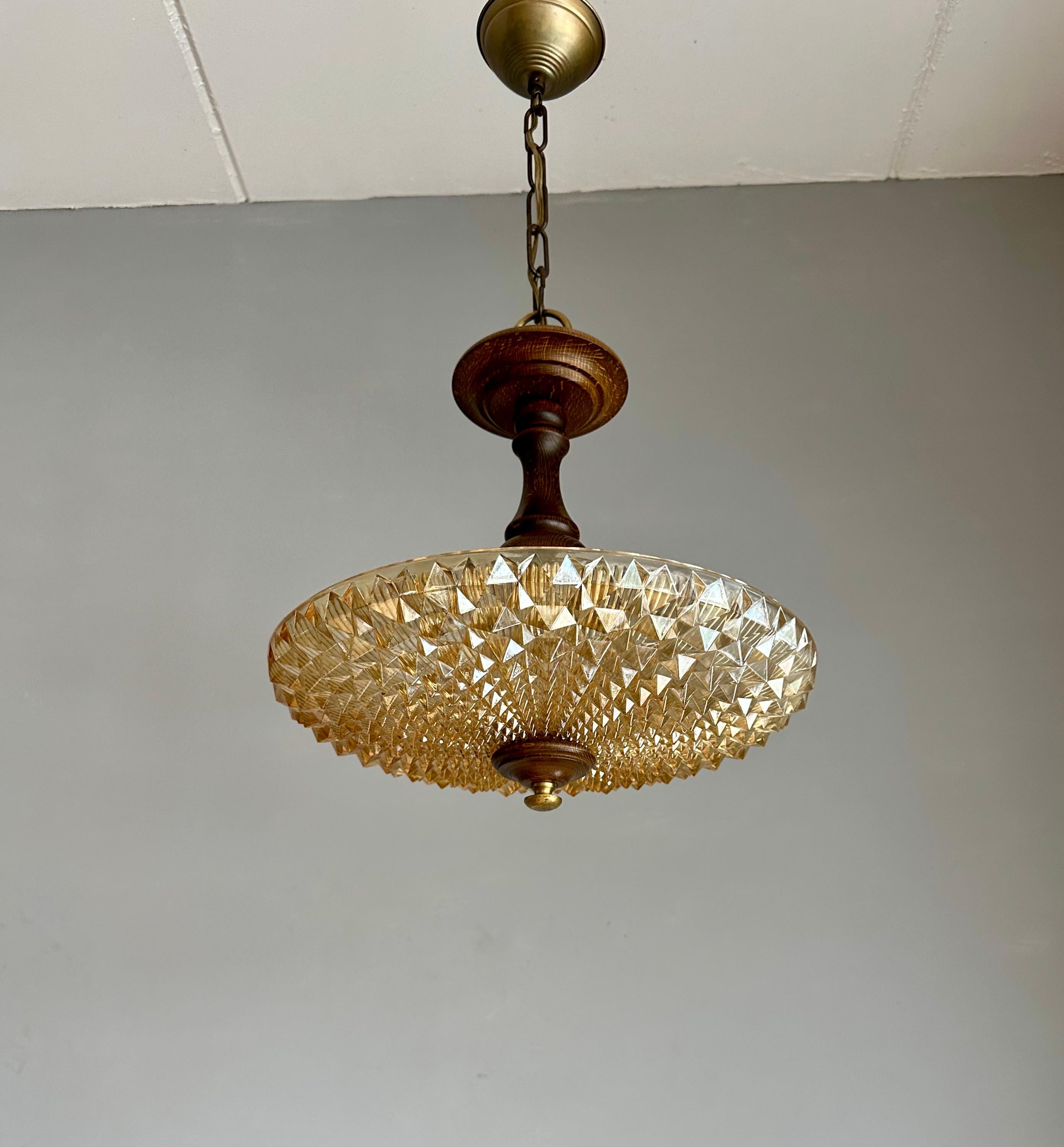 Prismatic Glass and Wood, Art Deco & Holophane Style Pendant Light / Flush Mount 1