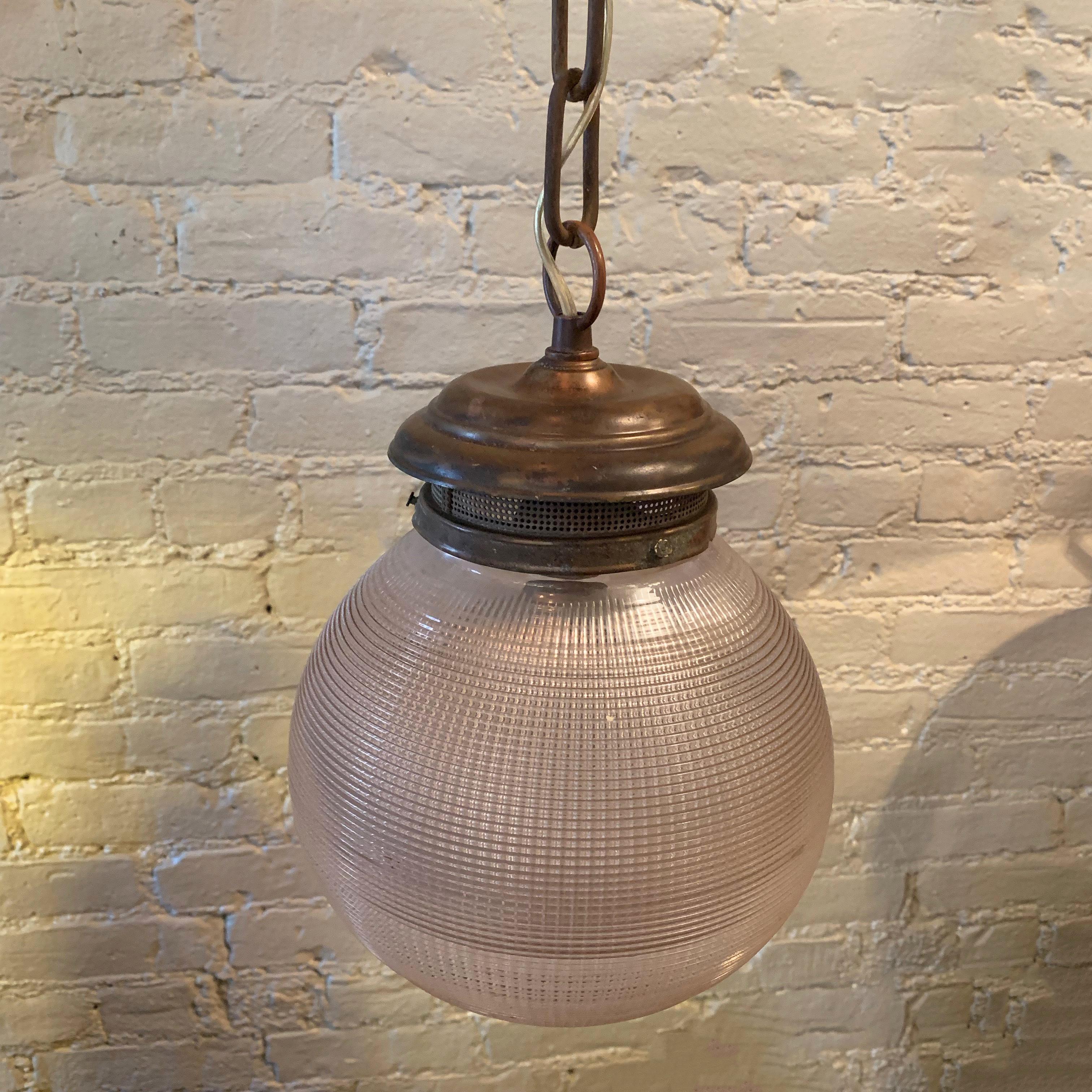 Industrial Prismatic Holophane Glass And Brass 8in Globe Pendant Light For Sale